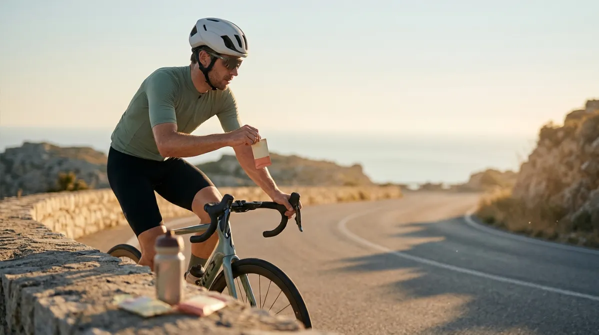 A cyclist in profile, riding a sleek road bike along a quiet coastal road in warm golden-hour light, shot from a low side angle with a shallow depth of field. The rider wears a muted sage-green jersey, black bib shorts, a matte white helmet, and sunglasses. Their face shows calm, focused fatigue, with a faint sheen of sweat on the forearms. One hand is lifted slightly from the handlebars, holding a small, unbranded matte gel packet in soft cream and coral tones, just before opening it. The road curves gently behind them toward a hazy, softly blurred horizon of pale sea and distant hills, with long amber shadows stretching across the asphalt.

In the foreground, slightly out of focus, a few gel sachets and a bike bottle rest on a weathered stone wall at the left edge of the frame, adding editorial depth. Fine dust and sunlight glow in the air. The palette is warm and restrained: butter yellow, soft peach, sage, and slate blue, with gentle film-like grain. The composition leaves open negative space in the upper right, a pale gradient sky, for headline overlay. The overall look is a modern, minimalist sports-science magazine photograph: natural, premium, and clean, with realistic textures, cinematic but understated color grading, and no text, logos, or graphics.