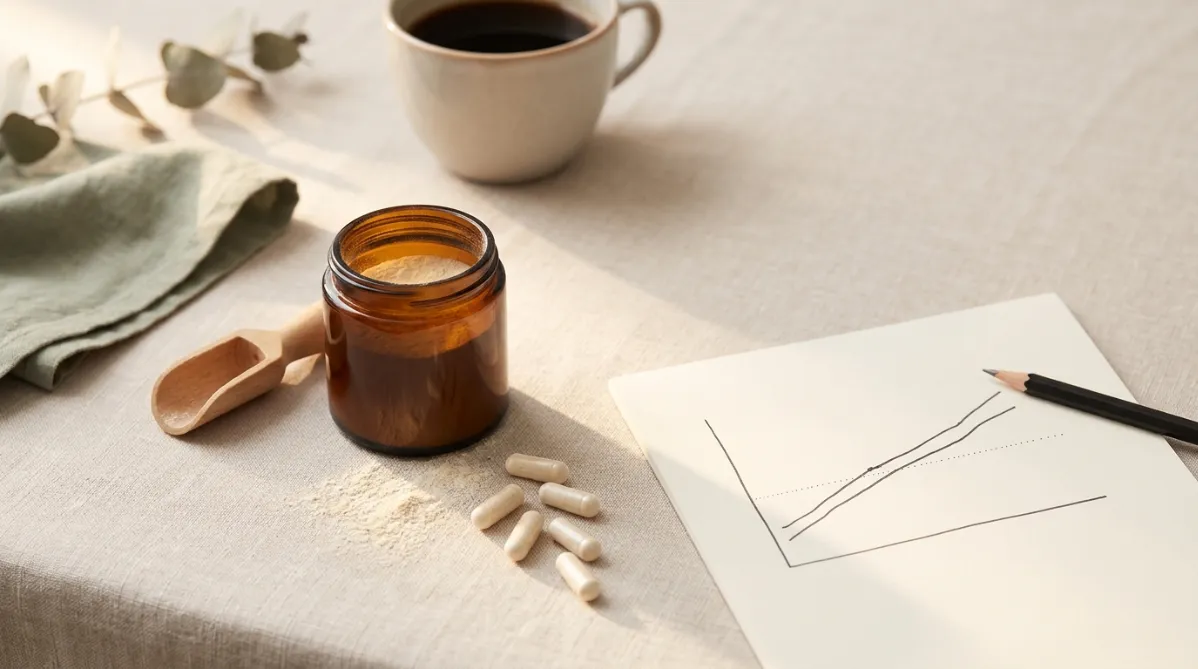 A softly lit editorial still life on a pale oat-colored linen surface, shot from a slightly elevated three-quarter angle in a wide landscape composition. At center-left, a small matte amber glass jar sits open, with a scattering of fine cream-colored powder dusted across the linen and a few off-white capsules spilling out in a loose, natural arc. A minimalist wooden scoop rests beside the jar. To the right, a clean sheet of cream paper holds a hand-drawn line graph in thin charcoal ink. Two lines run nearly parallel and drift slightly apart, with a faint dotted horizontal threshold line they never cross. A sharpened pencil lies across the corner of the paper. In the soft-focus background, a ceramic cup of black coffee, a folded sage-green cotton napkin, and a sprig of dried eucalyptus add quiet texture. Morning window light enters from the left, casting long, gentle shadows and a warm highlight along the glass jar's rim. The palette is restrained and modern: warm beige, muted sage, soft terracotta, charcoal, and touches of amber. Shallow depth of field keeps the jar and graph crisp while the edges melt into creamy blur. Generous negative space on the upper right leaves room for headline overlay. The mood is calm, thoughtful, and skeptical, with the clean, tactile look of a contemporary wellness and science journal. No people, no text, no logos, no futuristic elements.