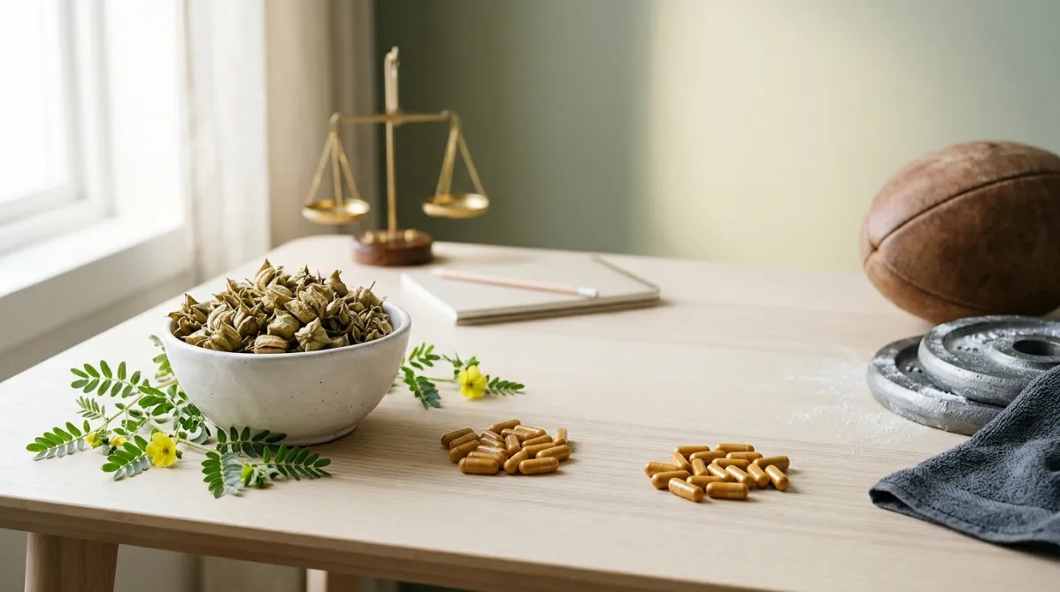 A wide, landscape editorial photograph shot from slightly above, showing a rustic matte-white ceramic bowl of dried tribulus terrestris, spiky star-shaped seed pods in warm tan and khaki tones, with a few fresh green trailing vines and tiny yellow flowers draped beside it. The bowl sits at the left third of the frame on a pale ash-wood table. Scattered nearby are two identical sets of plain, unlabeled amber supplement capsules, one pile slightly apart from the other, hinting at a placebo comparison. To the right, slightly out of focus, a worn leather rugby ball rests next to a chalk-dusted steel barbell plate and a folded charcoal-gray athletic towel.

Soft diffused natural light streams in from a window on the left, creating gentle long shadows and a calm, clean atmosphere. The background is a muted sage-green and cream gradient with a shallow depth of field, leaving generous negative space on the right side for title overlay. A small, minimal notebook with a pencil and a simple balance scale made of brushed brass sits subtly in the midground, suggesting scientific scrutiny without any laboratory clutter.

The color palette is earthy and refined: sage green, sand, warm amber, charcoal, and off-white. The style is modern lifestyle-magazine photography, crisp textures, subtle film grain, and a high-end wellness journal feel. The composition is balanced, uncluttered, and minimalist, with a quiet, thoughtful mood that conveys skepticism and evidence-based inquiry. No text, no logos, no people, no futuristic or sci-fi elements.