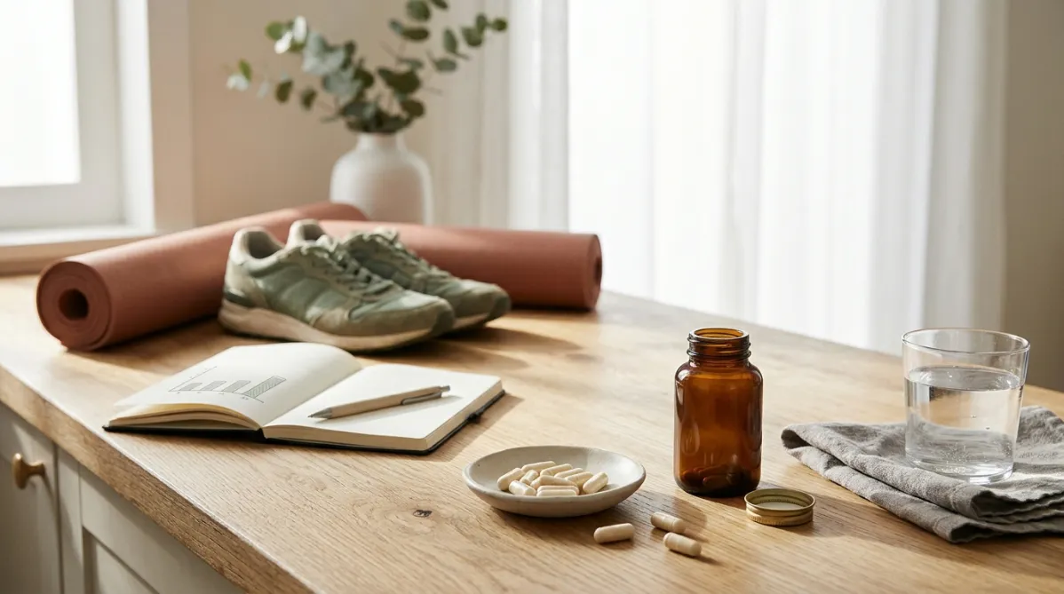 A wide landscape editorial photograph of a clean, sunlit kitchen counter in soft morning light, shot from a slightly elevated three-quarter angle with shallow depth of field. In the foreground, a small matte ceramic dish holds a handful of pale cream-colored supplement capsules, with a few spilled casually onto a pale oak surface. Beside them sits an unlabeled amber glass bottle with its cap off. A folded gray linen napkin and a glass of water with delicate condensation add a calm, everyday feel.

In the softly blurred midground, a pair of well-worn running shoes in muted sage green rests beside a rolled yoga mat in dusty terracotta. A small notebook lies open with a pencil resting across it, its pages showing faint hand-drawn bar charts that are nearly flat, with one or two slightly taller bars. The charts are suggestive rather than legible.

The background is a bright window with sheer white curtains, casting long, gentle shadows across the counter. A potted eucalyptus sprig in a simple white vase adds a touch of organic green.

The palette is restrained and modern: warm creams, soft sage, terracotta, muted oatmeal, and pale wood tones, with subtle highlights on the glass and ceramic. The mood is thoughtful, skeptical, and quietly informative, like a contemporary health and science magazine feature. Natural film-like grain, soft contrast, and generous negative space on the right third of the frame leave room for headline text. There are no people, no logos, no text, and no futuristic elements, only a minimalist, trendy, lifestyle-journal aesthetic.