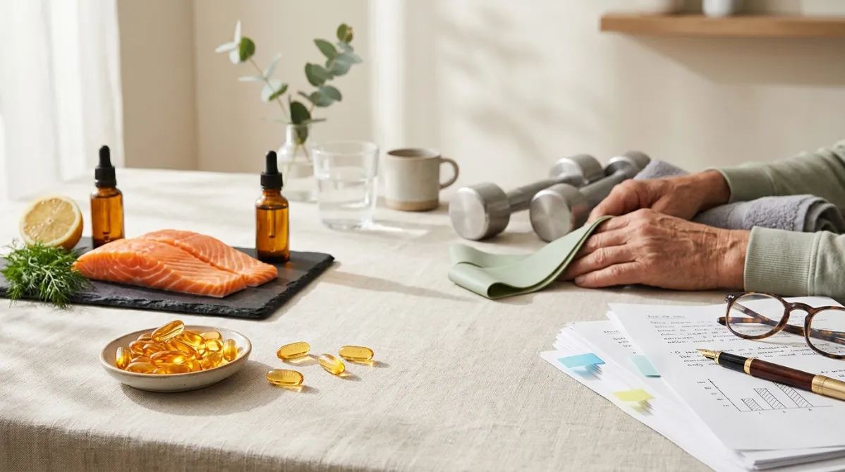 A softly lit editorial still life on a pale oatmeal-colored linen surface, shot from a slightly elevated three-quarter angle with a shallow depth of field. In the left foreground, a small ceramic dish holds several translucent golden-amber fish oil softgel capsules, glowing as if lit from within by warm morning window light. A few capsules are scattered casually beside it, catching crisp highlights. Just behind them, a sliced fresh salmon fillet with vivid coral-orange flesh rests on a matte slate board next to a sprig of dill, a halved lemon, and a small glass dropper bottle of golden oil.

In the soft-focus midground, a pair of weathered, capable older adult hands rests on the edge of the table, gently holding a pale sage-green resistance band, a hint of an active lifestyle. Beside them sits a modest set of brushed-steel dumbbells and a folded heather-gray towel. Subtle natural details add warmth: a glass of water, a small ceramic mug, and a sprig of eucalyptus in a bud vase.

On the right side, a tidy stack of printed research papers with a few pastel sticky tabs and a pair of thin tortoiseshell reading glasses sits on top, suggesting scholarly review. A fountain pen lies across the pages, with a few abstract handwritten notes and a simple hand-drawn bar chart visible but unreadable.

The palette is warm and calming: cream, soft sage, terracotta, honey gold, and coral accents against muted neutral tones. Window light enters from the left, producing long gentle shadows and a faint dappled leaf-shadow pattern across the linen. The background fades into a creamy blur of pale wall and a hint of a wooden shelf.

The composition leaves clean negative space across the upper right third for headline text overlay. The mood is trustworthy, health-forward, and modern, reminiscent of a contemporary wellness and science journal's photography. Fine film-like grain, natural color grading, high-resolution editorial photography, 16:9 landscape format.