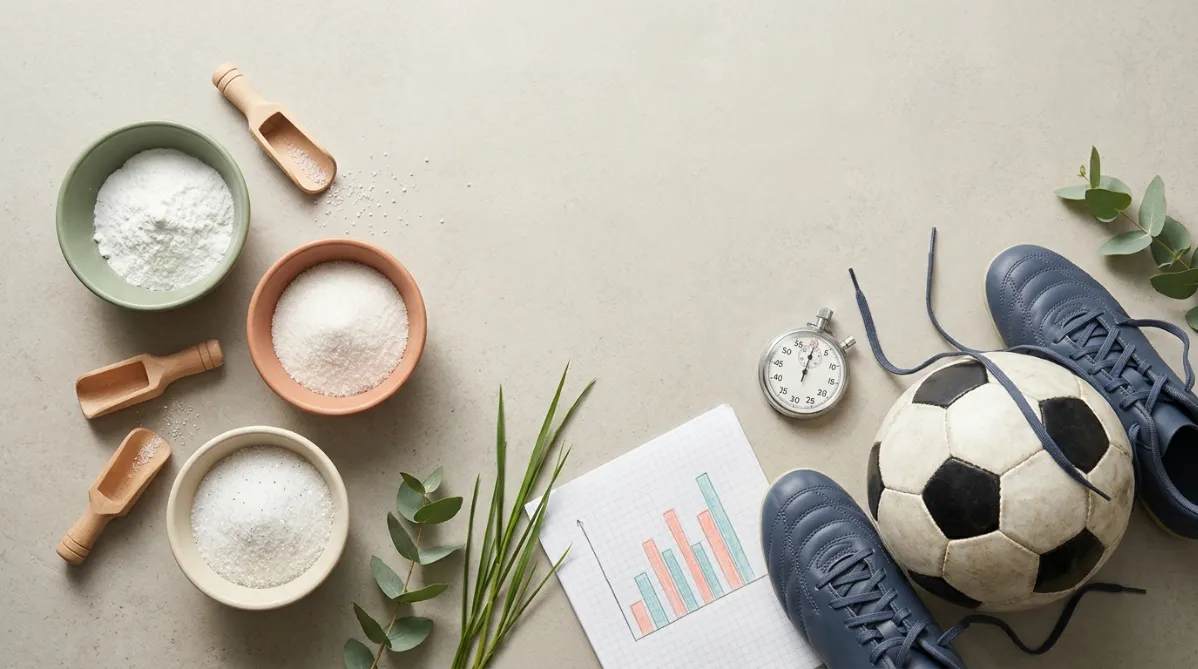 A wide, editorial-style flat lay photographed from above on a pale warm-gray concrete surface, lit by soft natural window light with gentle shadows. On the left, three small matte ceramic bowls in sage green, soft terracotta, and cream, each holding a different white crystalline powder. The textures vary subtly: fine and powdery, slightly granular, and glittery with tiny crystalline flecks. Beside them rest three minimalist wooden scoops, a few scattered grains catching the light. In the center-right, a worn classic black-and-white soccer ball sits slightly off-frame, partially cropped by the edge, with a pair of muted navy cleats resting nearby, laces loosely draped. A small stopwatch with a brushed-steel finish and a folded sheet of graph paper with a hand-drawn bar chart in soft coral and teal pencil add a subtle sense of data and measurement. A few blades of fresh-cut grass and a sprig of eucalyptus add organic accents. The palette is calm and modern: warm neutrals, sage, terracotta, and muted navy, with one pop of coral. The composition leaves generous negative space in the upper right for headline text. The mood is clean, curious, and trustworthy, like a contemporary health and science journal. Shallow depth of field, crisp focus on the powders, with the soccer elements slightly softer. High-end editorial photography, 16:9 landscape.