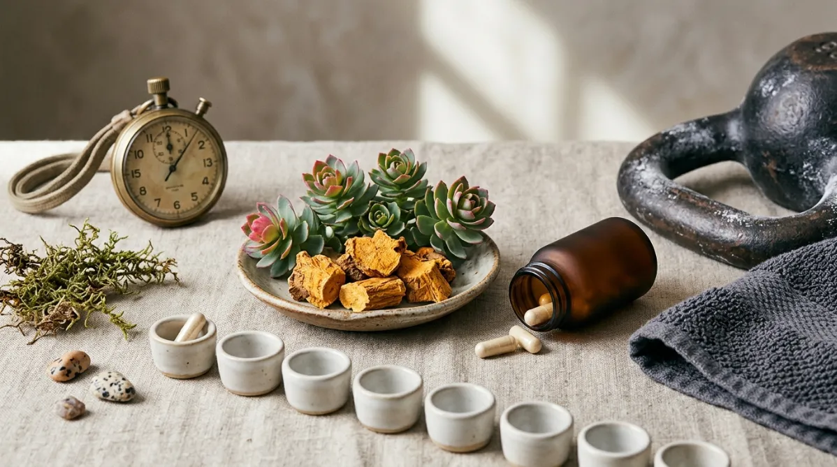 A wide, editorial still life photographed in soft natural window light on a pale oatmeal-colored linen surface. At the center sits a small, rustic ceramic dish holding a handful of dried golden-orange Rhodiola rosea root pieces and a few fresh, fleshy green-gray succulent rosettes with rosy-pink tips. Beside it, a single matte amber glass capsule bottle lies on its side, with two cream-colored capsules spilling out. On the left, a minimalist analog stopwatch with a brushed brass case rests slightly out of focus, its hands suggesting a duration just past the quarter-hour mark. On the right, a worn, chalk-dusted steel kettlebell handle and a folded charcoal gym towel fill the negative space, hinting at lifting without showing a full gym scene.

In the foreground, a neat row of seven tiny ceramic pill cups arranged in a gentle diagonal line, the first cup holding one capsule and the rest sitting empty, as a quiet visual metaphor for a single dose versus daily dosing. A sprig of dried alpine moss and a few small speckled pebbles add organic texture. The background is a softly blurred warm-gray plaster wall with a gentle gradient shadow cast by a window frame, creating diagonal light stripes across the scene.

The palette is muted and earthy: sage green, terracotta, warm cream, brushed brass, and soft charcoal, with one subtle pop of coral from the Rhodiola tips. Shallow depth of field, crisp focus on the root and capsules, and fine film-like grain. The composition leaves generous clean negative space in the upper left for a headline overlay. The overall feel is a modern wellness and science journal: calm, tactile, minimal, and sophisticated, with a slightly moody, high-end magazine look. There is no text, no people, and no futuristic elements.