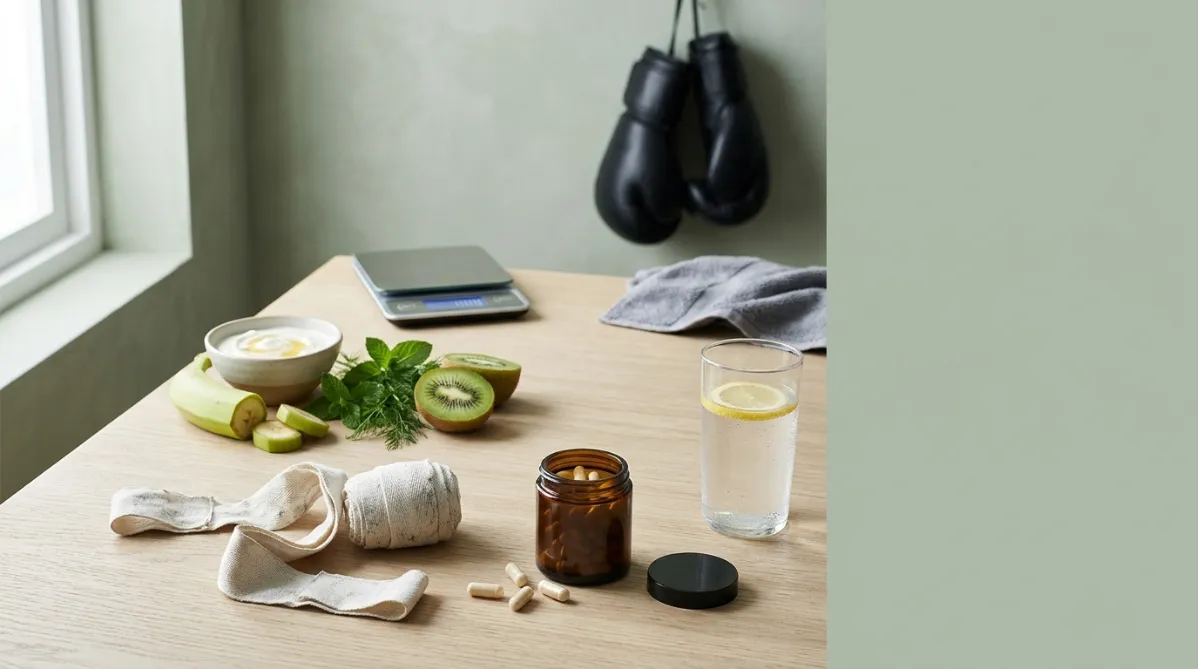 A wide, editorial-style still life photographed in soft natural window light on a pale oak table, styled like a modern wellness journal cover. In the foreground, a pair of worn white boxing hand wraps lies loosely coiled beside a small amber glass jar of probiotic capsules, its lid set to the side and a few cream-colored capsules spilled onto the wood. Next to them sits a tall glass of water with a thin slice of lemon, condensation beading on the surface. A neat bundle of fresh gut-friendly foods is arranged in the midground: a small bowl of plain yogurt with a drizzle of honey, sliced green banana, a few sprigs of fresh herbs, and a halved kiwi with glistening seeds. Behind them, slightly out of focus, a compact digital kitchen scale shows a lowered weight on its display, and a folded gray athletic towel rests beside a pair of black boxing gloves hanging from a hook against a muted sage-green plaster wall. The color palette is calm and sophisticated: sage green, warm oatmeal, soft cream, faint amber highlights, and touches of charcoal. Light streams in from the left, casting long, gentle shadows and a subtle golden glow across the textures of linen, wood, and glass. Shallow depth of field with a creamy bokeh background, crisp detail on the capsules and the hand wraps. Clean negative space on the right third of the frame leaves room for a headline overlay. The mood is fresh, restorative, and athletic, with a minimalist and refined composition, shot as if on a full-frame camera with an 50mm lens, high-end lifestyle magazine photography.