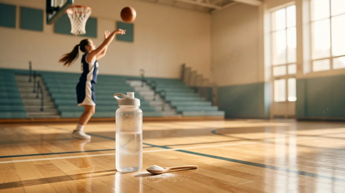 A wide, editorial-style photograph of a hardwood basketball court at golden hour, seen from a low angle near the baseline. In the foreground, slightly off-center to the left, sits a clear sports water bottle on a polished maple floor. It is half full, with tiny beads of condensation on the surface and a faint cloudy shimmer in the liquid. Beside it rests a small wooden spoon dusted with fine white powder, and a few loose grains are scattered on the wood. Warm amber light streams through tall gym windows on the right and casts long soft shadows across the court's painted lines.

In the mid-ground, slightly out of focus, a female basketball player in a navy and white uniform is caught mid-shot. Her arm is extended in a clean follow-through, her wrist relaxed, and the ball is just leaving her fingertips. Her ponytail swings behind her. Behind her, the net hangs crisp against a softly blurred bleacher background in muted teal and cream.

The palette is calm and modern: honey-toned wood, warm cream, deep navy, and soft teal accents. A shallow depth of field gives creamy bokeh in the background, with subtle dust motes floating in the light beams. The composition leaves generous negative space on the upper right for title text. The mood is fresh, athletic, and clean, like a contemporary health and performance journal. The photographic style is natural and film-like, with fine grain, soft contrast, and gentle highlights.