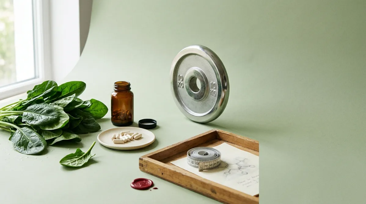 A wide editorial still life on a pale sage-green seamless backdrop, shot from a slightly elevated angle in soft, diffused natural window light. On the left, a loose heap of fresh spinach leaves with deep emerald color and visible veining, a few leaves curling toward the camera with tiny droplets of water catching the light. Beside the leaves sits a minimalist amber glass supplement bottle with a plain cream label, its cap off, and a small scatter of off-white capsules spilling onto a matte ceramic plate. At the center-right of the frame, a polished steel barbell plate stands on its edge, partly in soft focus, suggesting strength training without cluttering the scene. In the foreground, a clean, slightly weathered wooden lab-style tray holds a slim stainless steel measuring tape coiled loosely and a folded paper with a faint abstract molecular line drawing, kept subtle and out of focus. A single red wax-style seal stamp lies near the edge of the arrangement, hinting at "ban" and regulation, with a small imprint half visible on the backdrop. The palette is restrained and modern: sage green, warm cream, soft amber, brushed steel gray, and one small accent of deep red. Shadows are gentle and elongated, falling to the right. Shallow depth of field, crisp focus on the spinach and capsules, a subtle film-like grain, and generous negative space on the right third of the frame for headline overlay. The overall feel is a contemporary health and science magazine cover: clean, tactile, quietly tense, and sophisticated, with no people, no text, and no futuristic elements.