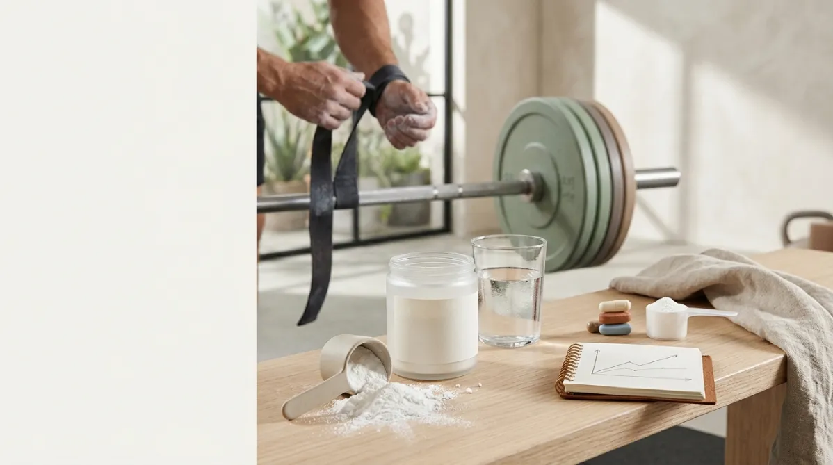 A wide, editorial-style still life photographed in soft natural window light, set on a pale oak gym bench or light wooden table. In the foreground, a matte ceramic scoop rests in a small mound of fine white creatine powder, with a few loose grains scattered across the surface. Next to it sits a minimalist frosted glass jar with a plain unbranded label. Beside the jar is a clear glass of water with delicate condensation. A pair of worn chalk-dusted hands is out of focus in the background, wrapping a lifting strap around a barbell. The barbell is a brushed steel bar with a few muted sage-green and warm gray bumper plates.

On the right side of the frame, a small stack of three different supplement capsules and tablets in neutral cream, terracotta, and soft blue sits next to a single clean white scoop of powder. This subtly contrasts the "stack" with the "plain" option. A folded linen towel in oatmeal beige drapes over the end of the bench. A small leather-bound notebook lies open, with a simple hand-drawn line graph showing two lines, one rising steadily and one flat, in pencil.

The background is softly blurred and shows a bright, airy, modern home gym with large windows, pale plaster walls, and a few green plants. Warm morning sunlight casts long, gentle shadows diagonally across the scene. The color palette is muted and sophisticated: cream, warm white, sage green, soft terracotta, and charcoal accents. Shallow depth of field with a crisp focus on the powder and scoop. Generous negative space on the left third for headline overlay. The mood is calm, thoughtful, and trustworthy, like a high-end health and science magazine cover, with subtle film grain and natural textures. No text, no logos, no futuristic elements.