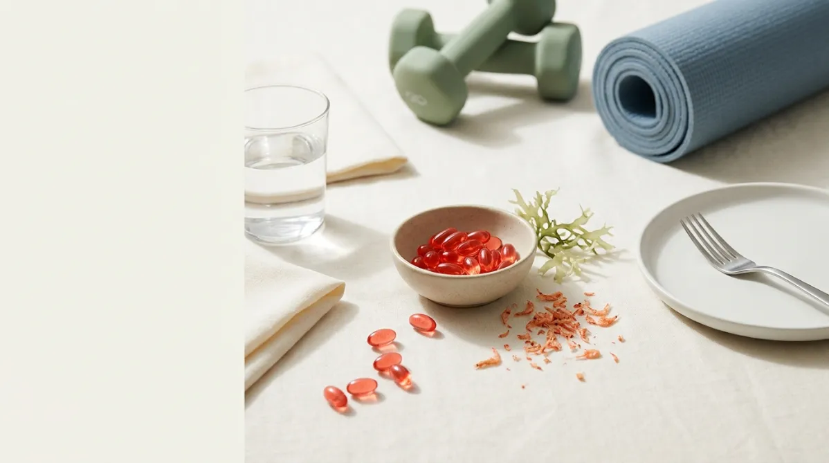 A bright, minimalist editorial still life on a soft warm-white linen surface, shot from a slightly elevated angle in natural morning window light. In the center, a small shallow ceramic bowl in matte oatmeal tones holds several glossy, translucent coral-red softgel capsules, with a few spilled onto the surface in a gentle arc. Beside the bowl, a single ripe peach-pink shrimp-like krill shape is absent; instead a delicate scatter of tiny coral-orange dried krill-pink petals and a sprig of pale green seaweed hint at the marine origin. To the left, an empty clear glass of water and a folded cream napkin suggest fasting. To the right, a simple matte white plate sits bare with a silver fork resting across it. In the soft-focus background, a pair of sage green hand weights and a neatly rolled yoga mat in dusty blue add a quiet nod to muscle and strength. Soft shadows fall diagonally across the scene, giving gentle depth. The palette is calm and modern: warm ivory, coral red, sage green, dusty blue, and soft beige. Shallow depth of field with crisp focus on the capsules, which catch small bright highlights. Clean negative space on the left third of the frame for headline text. The overall feel is a contemporary wellness magazine or health journal cover, airy, refined, and editorial, with subtle film-like grain and natural color grading. Landscape 16:9 composition.