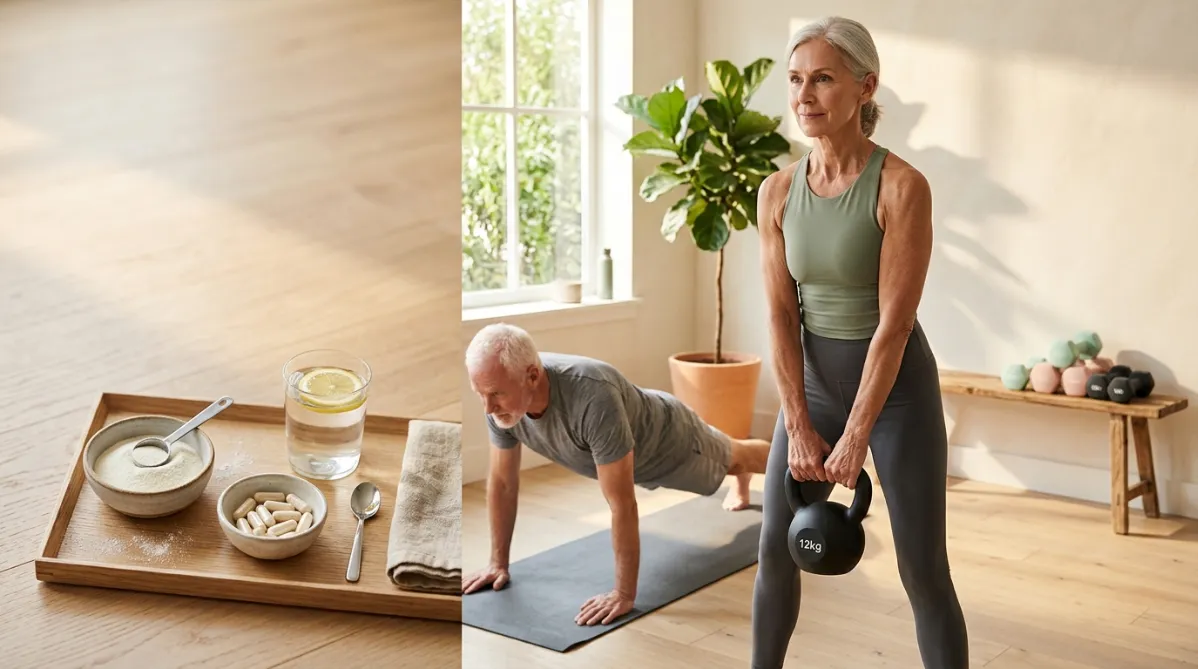 A warm, softly lit modern home gym or sunlit studio, photographed in a clean editorial style. In the center-right of the frame, a silver-haired woman in her mid-60s with a calm, confident expression grips a matte black kettlebell at hip height. She wears a fitted sage-green athletic top and charcoal leggings. Her forearms and shoulders show lean, defined strength rather than bulk. Beside her, slightly out of focus, a man in his late 60s with short white hair and a trim beard performs a controlled bodyweight plank on a pale oak floor.

In the foreground on the left, a minimalist wooden tray holds two small ceramic bowls. One contains fine white powder and the other holds a few cream-colored capsules. Next to them sit a glass of water with a lemon slice and a folded linen towel. A subtle scatter of powder dusts the tray. The foreground is shot with shallow depth of field and a creamy bokeh falloff.

Behind them, tall windows pour in golden morning light, with long soft shadows across the floor. A potted fiddle-leaf fig and a stacked set of pastel-toned dumbbells on a low wooden shelf add texture. The wall is warm off-white plaster with a hint of terracotta in the corner.

The palette is muted and modern: sage green, warm cream, soft terracotta, natural oak, and charcoal, with gentle highlights. The mood is quietly optimistic, focused, and grounded, suggesting strength, vitality, and measured scientific curiosity. The composition leaves clean negative space in the upper-left for a headline overlay. The look is a high-end wellness magazine cover with natural film-like grain, soft contrast, and crisp detail on the hands and kettlebell. There is no text, no logos, and no futuristic elements, only authentic, aspirational realism.