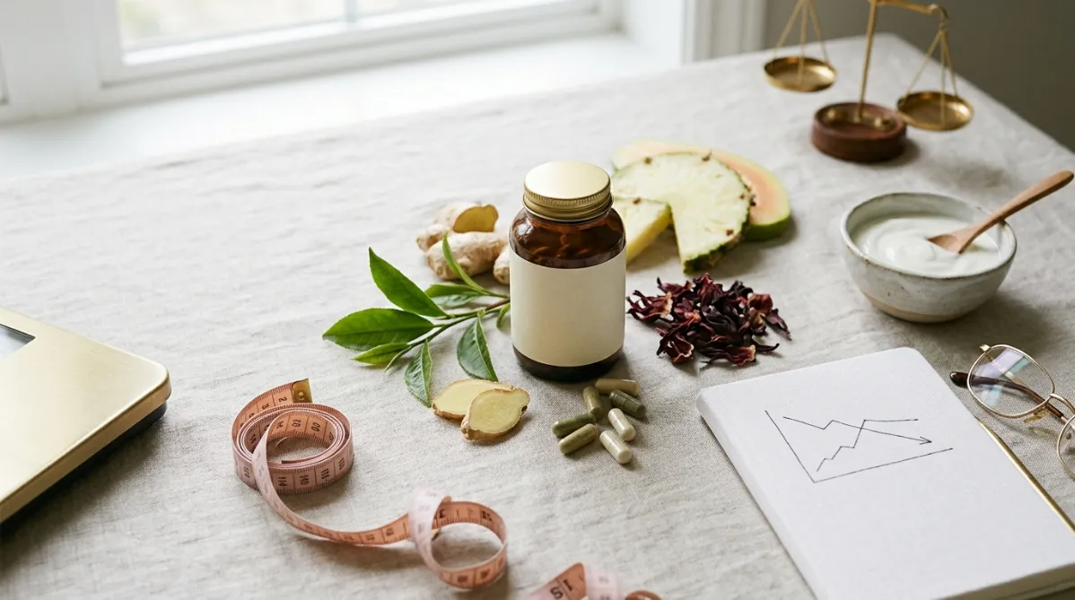 A clean, modern editorial flat-lay on a pale oat-colored linen surface, shot from slightly above in soft diffused natural window light. At the center sits an amber glass supplement bottle with a minimalist cream label, unbranded, with a few capsules spilling onto the fabric in soft greens and ivory tones. Around it are fresh botanical elements: a sprig of green tea leaves, sliced ginger root, a small bundle of dried hibiscus petals, and a few pale green pineapple and papaya slices hinting at digestive enzymes. A small ceramic bowl of creamy plain yogurt with a wooden spoon suggests probiotics. To the left, a flexible tailor's measuring tape in soft blush pink loosely curls across the linen, with a slim brushed-brass scale partly visible at the frame edge. On the right, a minimalist white notebook lies open with a hand-drawn simple line chart showing two diverging lines, one trending downward and one flat, with no readable text. A pair of reading glasses with thin gold frames rests beside it, and a tiny pair of balanced brass scales sits in the background, subtly suggesting weighing evidence and caution.

The palette is muted sage green, warm cream, soft terracotta, and touches of blush and brass. Shadows are gentle and long, the depth of field is shallow with a creamy blurred background, and the negative space on the left third of the frame leaves room for a headline overlay. The overall feel is a contemporary health and science journal, calm, trustworthy, and slightly skeptical, in the style of a premium wellness magazine photographed with a 50mm lens, with crisp texture on linen, glass, and botanicals.