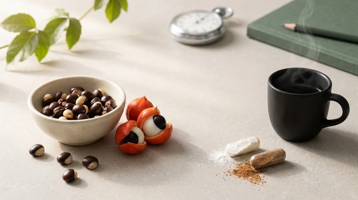 A wide, softly lit editorial flat-lay on a pale warm-gray stone countertop, shot from slightly above. On the left, a small rustic ceramic bowl in matte cream holds a handful of dried guarana seeds, dark glossy brown with pale cream arils, a few spilling onto the surface. Beside it sits a halved fresh guarana fruit in vivid red-orange, split open to show the white flesh and black seed inside, looking like a tiny eye. On the right, two open clear capsules rest side by side. One is filled with fine white caffeine powder, the other with a fine earthy brown guarana powder, and a little of each dusts the stone in delicate, deliberate lines. Between them, a minimalist matte-black espresso cup with a thin ribbon of steam rises on the right edge of the frame. A brushed-steel stopwatch and a slim dark-green linen notebook with a pencil sit in the upper background, slightly out of focus, to hint at performance testing without clutter. A few green leaves of a guarana vine curve in from the top-left corner, catching soft light.

The lighting is natural window light from the left, with gentle long shadows and a subtle warm highlight on the seeds. The palette is muted and modern: warm creams, terracotta red, deep espresso brown, sage green, and charcoal accents. The background is clean with generous negative space on the upper right for headline text. Shallow depth of field, crisp focus on the seeds and capsules, fine grain, and a calm premium magazine look like a contemporary wellness and sports-science journal. No people, no text, no logos, no futuristic elements.