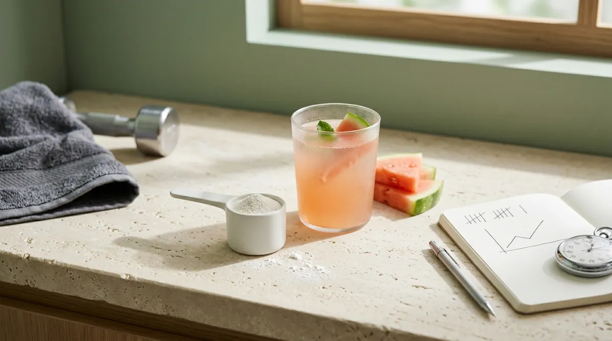 A wide, editorial-style still life photographed on a pale limestone countertop in soft morning window light. At the center sits a matte white scoop of fine white powder resting beside a frosted glass tumbler of cloudy, pale pink-orange water, with a few watermelon slices and a halved wedge showing glossy coral flesh and thin green rind, a nod to citrulline's natural source. To the left, a neatly folded charcoal gym towel and a brushed steel dumbbell rest at the edge of the frame, slightly out of focus. To the right, a minimalist open notebook with a few hand-drawn tally marks and a simple line graph sketched in black ink rises toward the right edge, next to a slim mechanical pencil and a small analog stopwatch with a clean white face. A few loose grains of powder are scattered across the stone, catching the light. Soft diagonal shadows fall across the surface from a nearby window, and a gentle sage-green wall in the background adds calm contrast. The palette is warm cream, watermelon coral, sage green, and soft graphite gray, with plenty of negative space on the upper left for headline overlay. Shallow depth of field, crisp focus on the powder scoop and watermelon, subtle film grain, natural tones, and a clean, modern wellness-journal aesthetic. Shot at eye level with a slight downward angle, like a contemporary health and science magazine cover. No text, no logos, no people.