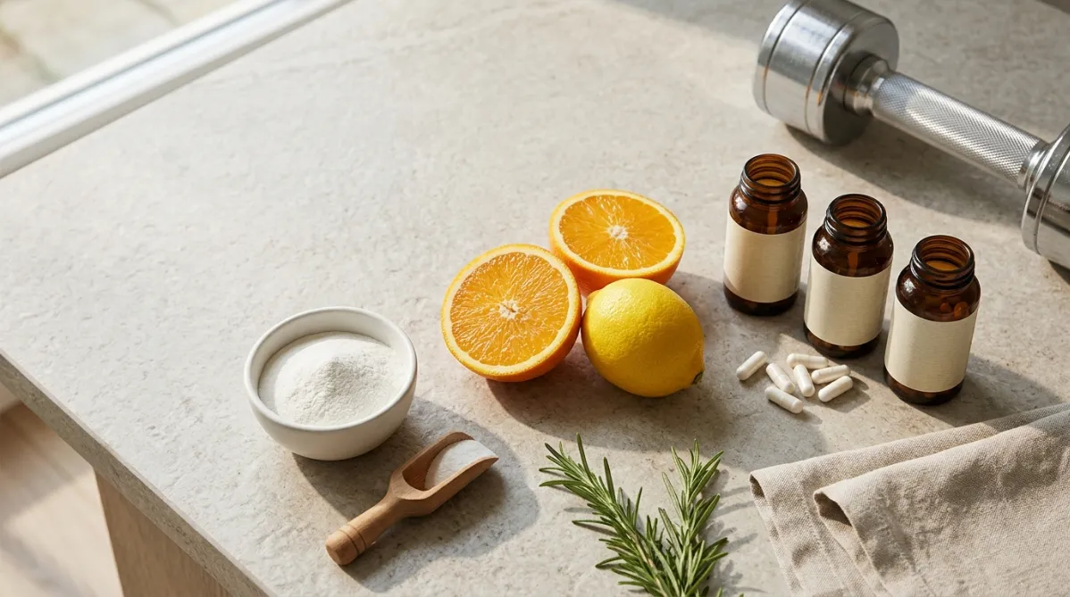 A wide, editorial-style flat lay photographed from above on a pale warm-gray stone countertop in soft morning window light. On the left, a small matte white ceramic bowl holds fine white arginine powder, with a wooden scoop resting beside it. At the center, two halved oranges and one whole lemon in saturated citrus tones, with a few glossy droplets of water on the cut surfaces, to suggest vitamin C. On the right, three slim amber glass capsule bottles with minimal cream labels and no legible text stand in a loose row, with a few white capsules spilling out. A single chrome dumbbell handle enters the frame from the upper right corner, partly cropped, its cool metallic sheen contrasting with the warm fruit. A sprig of green rosemary and a folded linen napkin in oatmeal beige add texture. Long soft shadows fall to the left. The palette is warm cream, sunny orange, soft yellow, and muted sage, with a few crisp accents of steel gray. The composition is airy and uncluttered, with generous negative space in the upper left for a title overlay. It has a shallow depth of field, a crisp foreground, and a faintly blurred background. The look is clean, contemporary, and wellness-magazine, like a premium health and fitness journal cover, with natural grain, high-end product photography quality, and a calm, fresh, trustworthy mood.