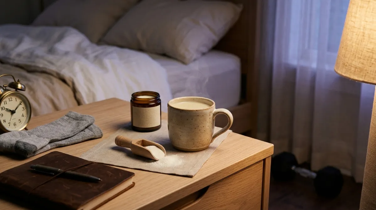 A softly lit bedroom nightstand scene in landscape format, photographed in a modern editorial lifestyle style. In the center of the frame sits a handmade ceramic mug in warm oatmeal tones, filled with a pale creamy drink. A thin wisp of steam rises from it. Beside the mug, a small wooden scoop rests on a matte linen-textured surface with a fine dusting of white collagen powder. A minimal amber glass jar with a cream label stands just behind, with no readable text. The nightstand is pale oak with subtle grain.

To the left, a neatly folded pair of gray cotton athletic socks and a worn leather-bound training journal with a pen on top hint at a lifter's routine. A small brass alarm clock reads about 9:30 and is slightly out of focus. On the right side, a sheer curtain filters the last blue-violet twilight from a window, while a warm bedside lamp with a linen shade casts a honey-colored glow across the scene. The glow contrasts gently with the cool dusk tones.

Behind the nightstand, the edge of a rumpled bed with soft white and sand-colored bedding is visible, with a dumbbell resting quietly on the floor in the soft-focus background to suggest recovery after training. The depth of field is shallow, with the mug and scoop in crisp focus and the background dissolving into creamy bokeh.

The palette is calm and earthy: warm beige, soft cream, muted terracotta, and dusk blue accents. The lighting is cinematic and low-key, with gentle highlights on the ceramic rim and a subtle rim light on the steam. The composition follows the rule of thirds, with the mug placed on the left third and generous negative space on the right for title overlay. The mood is serene, restorative, and quietly scientific without any clinical elements. The finish is clean, high-end, and magazine-worthy, with fine film grain and natural color grading, like a wellness feature in a contemporary online journal.