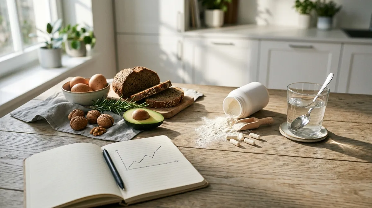 A wide, editorial-style still life photographed from slightly above on a pale oak surface in soft morning window light. At the center, a small matte white supplement tub with a plain, unlabeled front sits tipped on its side, spilling a modest pile of fine white powder across the wood. Beside it, a wooden scoop rests in the powder, and a few white capsules are scattered in a loose arc. To the left, a clean glass of water catches the light and throws a delicate caustic shadow. To the right, a neatly arranged group of whole foods sits in contrast: two brown eggs, a small wedge of salmon fillet on parchment, a handful of raw almonds, and a sprig of rosemary. A matte black steel dumbbell handle is partly visible at the top edge of the frame, grounding the fitness theme. In the lower foreground, a slim, open linen-bound notebook holds a hand-drawn line graph with a single line trending gently downward, a thin ink pen lying across the page. The palette is muted and warm: cream, soft sage green, pale oak, charcoal accents, and a touch of terracotta from a ceramic dish holding the almonds. Shallow depth of field blurs the background, a softly lit minimalist kitchen counter with a hint of a plant leaf. The mood is calm, thoughtful, and scientific without being clinical, like a cover image for a contemporary health and nutrition journal. Natural shadows, subtle film grain, and generous negative space on the upper left leave room for a headline overlay. Crisp focus on the powder and scoop, with refined, understated composition and no text or logos visible.