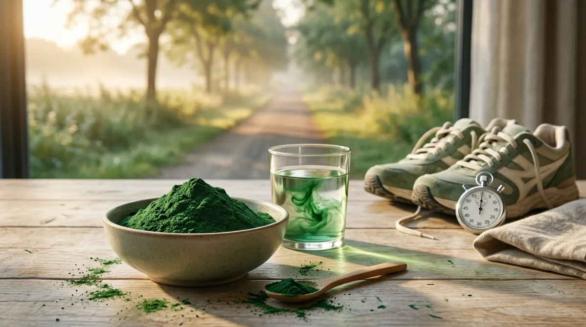 A wide, landscape editorial photograph with soft natural morning light. In the foreground, a rustic matte ceramic bowl rests on a pale oak wooden table, filled with vivid deep-green spirulina powder heaped in a gentle mound. A small wooden spoon dusted with the powder lies beside it, and a few scattered green flecks dust the surface. Next to the bowl sits a clear glass of water with a swirl of emerald green just blending in, catching sunlight and casting soft green-tinted shadows.

In the middle ground, slightly out of focus, a pair of worn running shoes in muted sage and cream tones sits on the edge of the table, laces loosely undone. A simple analog stopwatch with a clean white face lies beside them, its hands frozen at a moment suggesting a close finish. A folded linen towel in warm oatmeal tone drapes casually nearby.

The background is a softly blurred outdoor setting seen through a large window: a quiet tree-lined running path at dawn, with golden-hazy light, dewy greenery, and a faint mist. The color palette is calm and modern: deep emerald, sage, cream, warm wood, and touches of soft gold. The composition leaves generous negative space on the right side for headline text, with a shallow depth of field, crisp detail on the powder texture, and a clean, minimalist, lifestyle-magazine aesthetic. Subtle film-like grain, natural shadows, and a fresh, healthy, energetic mood. No people, no text, no logos.