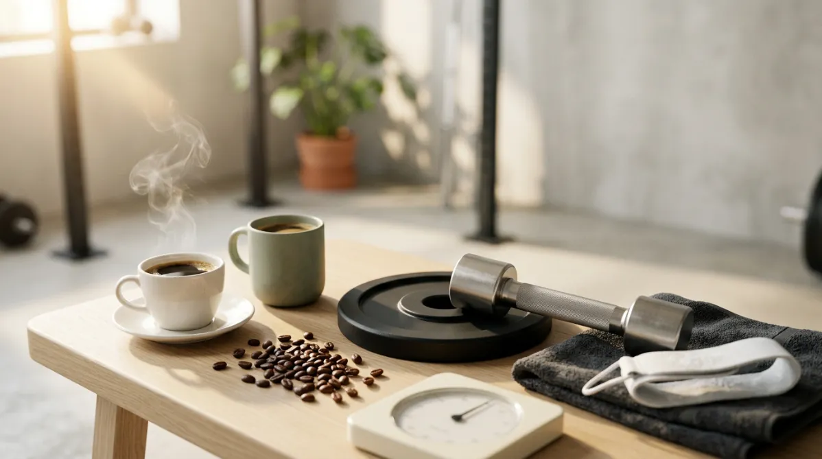 A wide, editorial-style flat lay photographed from slightly above on a pale oak gym bench with a soft matte finish. On the left, a small white ceramic cup of black coffee sits on a matching saucer, with a thin curl of steam rising and catching warm window light. Beside it is a second, slightly larger handleless stoneware mug in muted sage green, also filled with coffee, so the pair suggests one to two cups. In the center-right foreground rests a sleek matte-black steel barbell plate, partly overlapping a brushed-steel dumbbell with fine knurling. A folded charcoal gym towel and a clean white chalk-dusted wrist strap lie casually to one side. A small scatter of whole roasted coffee beans spills across the bench in front of the cups, glossy and deep brown. Near the bottom edge, a minimalist analog kitchen scale in soft cream with a thin black needle hints at precise dosing, without any readable numbers or text.

Soft morning sunlight streams in from the upper left, creating long, gentle shadows and a warm golden glow against cool neutral tones. The background is a softly blurred, airy home gym or boutique training studio with out-of-focus squat rack uprights, pale concrete walls, and a leafy green plant in a terracotta pot adding a touch of organic color. The palette is restrained and modern: warm cream, espresso brown, charcoal, sage green, and hints of brushed silver. Shallow depth of field keeps the cups and beans tack sharp while the background melts into creamy bokeh. The composition leaves generous negative space on the right third for a title overlay, with a balanced, calm, premium magazine feel, like a contemporary wellness and sports science journal. High-resolution, natural color grading, subtle film grain, realistic textures on ceramic, steel, and coffee crema.