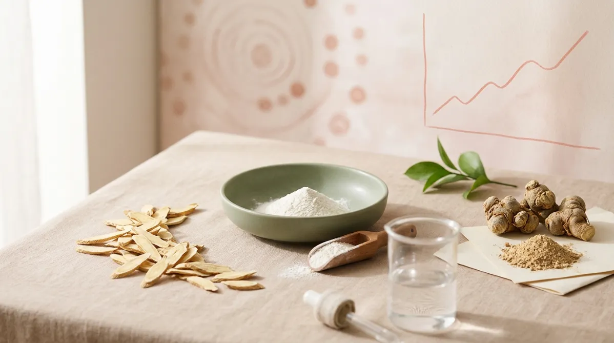 A landscape editorial still life on a soft, warm oat-colored linen surface, lit by diffused natural window light from the left. In the center sits a shallow matte ceramic bowl in muted sage green holding a small mound of fine white arginine powder. Beside it rests a wooden scoop dusted with powder. To the left, a loose arrangement of dried Astragalus root slices, pale golden and delicate, fans out in a graceful curve. To the right, a few whole Panax notoginseng roots, knobbly and earthy brown, sit next to a small pile of finely ground tan powder on a folded cream paper. A single sprig of fresh green leaf adds a gentle accent in the background.

In the foreground, a minimalist glass beaker with clear water and a thin linen-wrapped glass dropper sit slightly out of focus. Behind the objects, a softly blurred backdrop in pale blush and sand tones carries a faint, abstract pattern of soft circular shapes, like ripples or molecular dots drawn in subtle terracotta ink. A thin hand-drawn line graph in dusty coral rises gently across the upper right of the background, as if sketched on textured paper, with no readable text.

The composition uses generous negative space on the upper left, which leaves room for a headline overlay. The palette is earthy and calm: sage, cream, terracotta, honey gold, and soft blush. The shallow depth of field gives creamy bokeh. Gentle shadows fall to the right. The overall feel is clean and contemporary, like a wellness and science journal cover, with subtle film grain, high-end editorial photography, and tactile natural textures.