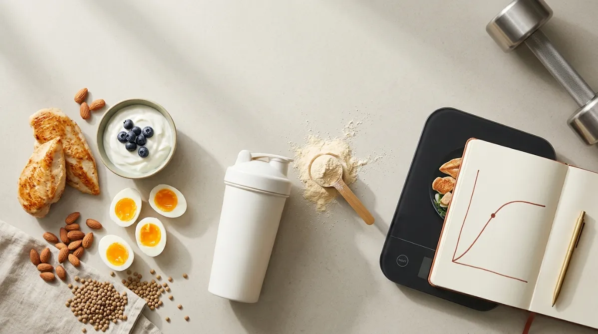 A wide, editorial flat-lay photograph shot from directly above on a pale warm-gray stone countertop, lit by soft natural morning window light with gentle diagonal shadows. On the left, a neatly arranged cluster of whole-food protein sources: two seared chicken breast slices with a golden crust, a small ceramic bowl of creamy Greek yogurt topped with blueberries, three halved soft-boiled eggs with jammy orange yolks, a handful of raw almonds, and a small pile of dried lentils scattered on a linen napkin. At the center, a matte white shaker bottle and a wooden scoop resting in a pile of fine vanilla-colored protein powder, a few grains dusted artfully across the surface. On the right, a minimalist kitchen scale in matte black displaying a portion of food, next to an open notebook with a hand-drawn curve that rises steeply and then flattens into a plateau, drawn in a deep terracotta ink pen, with a small dot marking the bend. A brass pen lies beside the notebook. A single dumbbell with a brushed steel finish sits partially in frame at the upper right corner, grounding the fitness theme without feeling gym-like. Color palette: warm cream, sage green, terracotta, soft charcoal, and butter yellow accents, with generous negative space along the top edge for title overlay. Shallow depth of field, crisp textures, subtle film grain, modern lifestyle magazine aesthetic, clean and calm composition, 16:9 landscape.