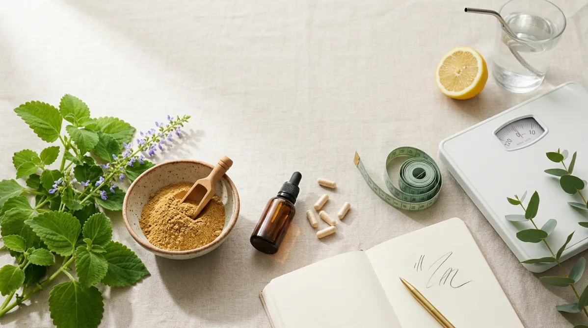 A softly lit editorial flat-lay on a pale oat-colored linen surface, shot from slightly above in a wide landscape composition. On the left, a small cluster of fresh Coleus forskohlii plant sprigs with velvety, scalloped green leaves and a few delicate lavender-blue flowers lies beside a rustic ceramic bowl of fine, golden-brown powdered root extract. A wooden scoop rests in the powder. In the center, a minimalist amber glass dropper bottle and a few cream-colored capsules are spilled neatly onto the linen, with no readable labels or logos. On the right, a slim analog kitchen scale in matte white shows a small, subtle weight, and beside it a soft sage-green measuring tape is loosely coiled in a gentle curve, hinting at waist measurement. A small open notebook with blank cream pages and a thin brass pen suggests careful tracking, with a few abstract pencil tick marks and no legible text. Accents include a halved lemon, a glass of water with condensation, and a sprig of eucalyptus for a calm wellness feel. Natural morning window light enters from the upper left, casting long, soft, diffused shadows and warm highlights across the textures of linen, ceramic, glass, and leaves. The palette is muted and modern: sage green, warm cream, soft terracotta, honey amber, and touches of dusty lavender. Shallow depth of field gently blurs the far edges, with the focus on the center objects. The mood is calm, trustworthy, and quietly skeptical, like a high-end health and science magazine cover. It is clean and uncluttered, with generous negative space at the top for headline overlay. Photographic, high-resolution, with subtle film grain and true-to-life color.
