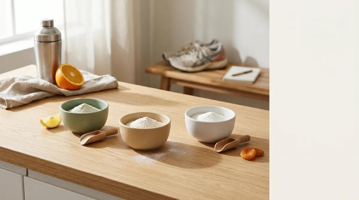 A landscape editorial photograph of a clean, sunlit kitchen-counter or light oak table, shot from slightly above at a gentle angle. Three small matte ceramic bowls in muted sage green, warm sand, and soft white sit in a loose row. Each holds a different fine white powder, and each has a small wooden scoop resting beside it. The middle bowl is slightly closer to the camera and sharper in focus, with a faint dusting of powder spilling onto the surface. In the soft-focus background, a stainless steel shaker bottle and a half-peeled orange sit beside a folded linen napkin, suggesting citrus without being literal. A single lemon wedge sits near the left bowl, and a small dried apricot sits near the right, a subtle visual nod to citrate and pyruvate.

In the background, a blurred athletic scene: a running shoe resting on a wooden bench and a small notebook with a pen, suggesting a training log. Soft diffused morning light enters from the left through a window and casts long, gentle shadows. The palette is warm neutrals, creamy whites, soft greens, and a hint of terracotta orange. The look is a modern wellness magazine with a shallow depth of field, a fine-grain film feel, and generous negative space on the right third of the frame for title text. The mood is calm, trustworthy, and scientific yet approachable, with no text, labels, or logos.
