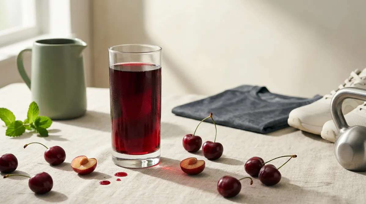 A wide, softly lit editorial still life on a pale oatmeal linen surface. In the center sits a tall, clear glass filled with deep garnet-red tart cherry juice, with condensation beading on the outside and a faint ruby glow where light passes through it. Around it are a scattering of fresh Montmorency cherries, some with stems and some halved to show pale amber flesh and a single pit. A few drops of juice have splashed onto the linen, leaving small crimson stains. To the right, slightly out of focus, lies a folded charcoal-gray running shirt, a pair of minimalist off-white running shoes, and a small brushed-steel kettlebell, suggesting both endurance and strength training without a gym in view. On the left, a ceramic pitcher in matte sage green holds more juice, and a sprig of fresh mint adds a small contrast.

Window light comes from the upper left, casting long, gentle shadows and creating a warm morning feel. The palette is restrained and modern: deep burgundy, cream, sage, and soft slate, with plenty of negative space in the upper right for headline text. The camera angle is a shallow three-quarter view from slightly above, with a shallow depth of field. The foreground cherries are razor sharp and the background melts into a creamy blur. Subtle film grain, natural color grading, and a clean, minimalist composition give it the polished feel of a contemporary health and science magazine. No text, no logos, no people, and no futuristic elements. The overall mood is calm, fresh, and restorative, hinting at recovery and balance.