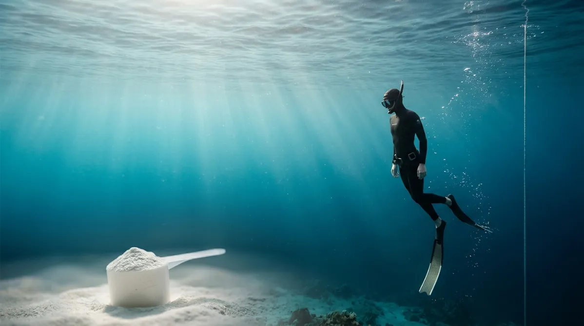 A wide, cinematic landscape photograph of a freediver suspended mid-water in a calm, sunlit turquoise sea, shot from slightly below so the surface glimmers above like rippling silver glass. The diver wears a sleek matte black wetsuit and a long, elegant pair of carbon fins. Their body is streamlined, arms relaxed at their sides, head tilted slightly down in a state of serene focus. Shafts of soft golden sunlight pierce the water diagonally and illuminate fine floating particles and a trail of tiny bubbles rising from the diver's fins. A single thin dive line descends vertically into deeper blue at the right of the frame, adding a graphic compositional element.

In the lower left foreground, slightly out of focus, a minimalist still-life element rests on a pale sandy seabed: a small, clean white scoop with a mound of fine white powder, casually echoing creatine without any text or labels. The scoop is softly lit and has a shallow depth of field blur, creating a gentle visual link between supplement and sport.

The color palette is refined and modern: deep teal, aquamarine, soft cerulean, warm cream highlights, and touches of sunlit gold. The water gradients smoothly from bright, luminous turquoise near the top to a rich inky navy at the bottom, giving depth and a sense of quiet intensity. Leave generous negative space on the left third of the image for headline placement, with the diver positioned on the right third following the rule of thirds.

The mood is calm, athletic, and contemplative, like an editorial image from a premium health and science magazine. Style: high-end editorial photography, natural light, subtle film grain, soft contrast, crisp detail on the diver and gentle bokeh in the background. No text, no logos, no futuristic or sci-fi elements, no graphics overlays.