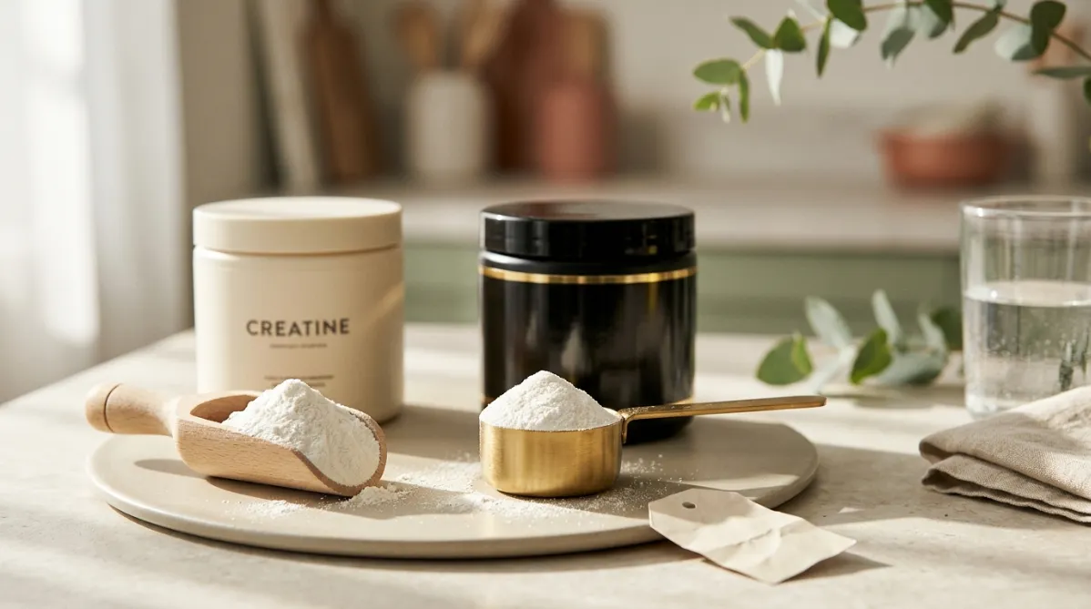 A wide, landscape editorial photograph of a clean, sunlit kitchen counter or pale stone tabletop, styled like a modern wellness magazine spread. Two scoops sit side by side on a matte ceramic surface. The left one is a plain, humble wooden scoop heaped with fine white creatine powder. The right is a glossy, ornate brushed-gold scoop holding the same white powder, which hints at "premium" branding. Behind each scoop stands a tub. The left tub is minimal, matte, and cream-colored with simple sans-serif lettering and no readable words. The right tub is sleek black with metallic gold accents and an overly polished look. A few fine grains of powder are scattered across the surface, catching the light.

The composition uses a shallow depth of field. The foreground scoops are crisp, and the background softly blurs into a warm neutral palette of oatmeal, soft sage green, and muted terracotta. Soft morning window light comes in from the left, casting long, gentle shadows and a subtle highlight along the scoops' edges. A small price tag shape, blank and unmarked, sits near the gold scoop, with a slightly crumpled paper texture to suggest the "pricey" angle without any text. A glass of water with condensation and a folded linen napkin sit at the edge of the frame. A single green sprig or eucalyptus stem adds a natural accent.

The overall mood is calm, intelligent, and quietly skeptical, with the plain option feeling confident and the flashy one a bit overdressed. The color grading is soft and slightly desaturated with creamy highlights, and there is fine film grain. The layout leaves generous negative space on the right third for a headline overlay. It looks like a high-end lifestyle and science journal cover, with a minimalist, tactile, trendy feel and no futuristic or sci-fi elements.
