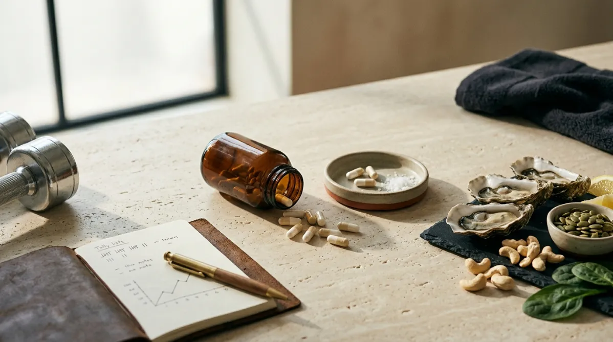 A clean, editorial still life shot from a slightly elevated angle on a pale oatmeal-colored stone countertop, lit by soft natural window light from the left that casts long, gentle shadows. In the center sits an open, unlabeled amber glass supplement bottle on its side, with a small scatter of cream and white capsules spilling toward the viewer. Beside it, a matte ceramic dish holds a few capsules and a pinch of coarse sea salt. To the right, a neatly arranged group of whole foods that are natural zinc and magnesium sources: halved oysters on a small slate board, a small bowl of pumpkin seeds, a handful of raw cashews, and a few dark green spinach leaves. In the left foreground, a worn leather gym notebook lies open with minimal handwritten tally marks and a simple hand-drawn flat line graph in dark ink, with a brass pen resting across it. A single chrome dumbbell handle edges into the frame at the far left, softly out of focus, and a folded charcoal gym towel sits at the top right corner. The palette is warm and muted: sand, cream, sage green, amber, and charcoal, with a subtle terracotta accent in the ceramic dish. The depth of field is shallow, with the capsules and bottle in crisp focus and the background gently blurred into a soft beige haze. The mood is calm, thoughtful, and skeptical, like a modern health and science magazine feature. The composition leaves generous negative space on the upper right for headline text. The texture is tactile and fine-grained, with a subtle film-like softness and natural contrast. Wide landscape 16:9 framing.