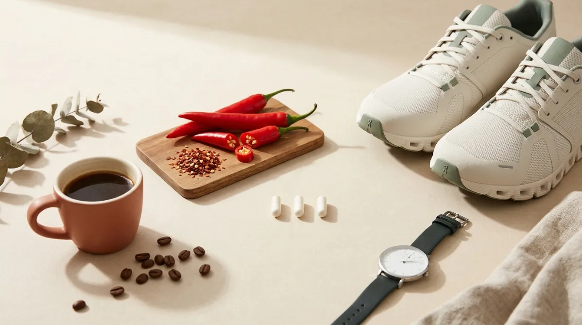 A wide, editorial-style flat lay on a warm, matte cream stone surface, shot from slightly above in soft natural morning light. On the left, a ceramic espresso cup in muted terracotta holds dark coffee, with a few roasted coffee beans scattered beside it. In the center, a small wooden board holds three bright red chili peppers, one sliced open to show pale seeds, next to a small pile of coarse red pepper flakes. On the right, a pair of minimalist off-white running shoes with sage green accents rests at an angle, and a slim stopwatch with a clean white face lies in front of them. Three small matte white capsules sit in a neat row at the center of the composition, a quiet nod to the placebo and the active doses. Soft shadows fall to the lower right. A sprig of dried eucalyptus and a folded linen cloth in oatmeal tones add texture at the edges. The palette is warm and restrained: terracotta, chili red, cream, sage, and charcoal brown, with a gentle pop of red as the focal accent. The depth of field is shallow, so the foreground beans are slightly soft and the chilies and capsules stay crisp. The mood is clean, modern, and magazine-like, in the style of a contemporary health and science journal. There is no text, no people, and no logos, and plenty of negative space on the upper left and right edges leaves room for a headline overlay.