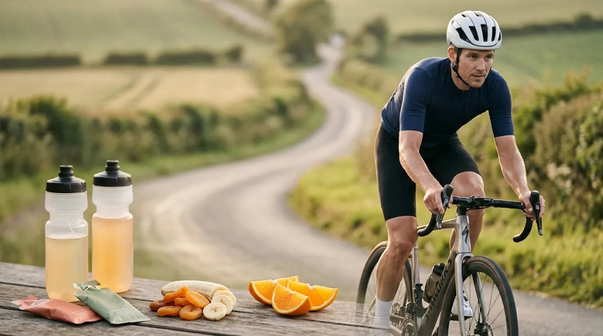 A cyclist in mid-ride, photographed from a low three-quarter side angle on a quiet country road at golden hour, wearing a matte navy jersey and a white helmet, with soft warm light catching the sweat on his forearms. His expression is calm and focused. The road bends gently through rolling green fields, and the background is softly blurred with creamy bokeh.

In the foreground on the left, a styled flat-lay-inspired still life sits on a weathered wooden surface and blends into the scene. It includes two clear water bottles with pale citrus-tinted liquid, a few torn energy gel packets in muted coral and sage, and a small pile of dried apricots and sliced banana. A handful of glossy orange slices adds a bright accent. The shallow depth of field keeps the cyclist sharp in the middle distance while the foreground items are gently softened.

The color palette is warm and editorial: soft peach, muted terracotta, sage green, cream, and deep navy. The light is natural and golden, with long, gentle shadows and a slight film-grain texture, like a high-end lifestyle or sports-science magazine spread. The composition follows the rule of thirds, with the cyclist on the right third and open negative space in the upper left, suitable for headline overlay.

The mood is energetic yet thoughtful, clean and modern, and the photograph feels authentic rather than staged. There are no logos, no readable text, and no futuristic or sci-fi elements. The overall look is crisp, airy, and refined, in the style of a contemporary health and performance journal cover.