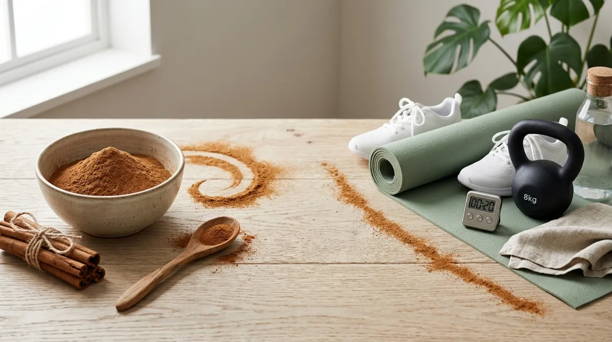 A wide, landscape editorial photograph shot from slightly above on a pale oak wooden surface, styled like a modern wellness magazine cover. On the left, a rustic ceramic bowl in matte oatmeal glaze holds ground cinnamon in a soft mound. Beside it sit several whole cinnamon sticks tied with natural twine, and a small wooden spoon dusted with warm reddish-brown powder. A loose cinnamon swirl spills across the surface in a graceful, organic arc. On the right, a minimalist fitness scene flows into the frame: a matte sage-green yoga mat partly unrolled, a stainless steel interval timer reading 00:20, a pair of clean white training sneakers, and a compact black kettlebell. A folded linen towel and a glass bottle of water add quiet, lifestyle-oriented detail. The two halves are linked by a thin line of scattered cinnamon powder that runs across the table like a brushstroke, joining the kitchen and the workout.

Soft morning window light enters from the upper left. It casts gentle, long diffused shadows and highlights the texture of the spice, the grain of the wood, and the curled bark of the sticks. The palette is warm and earthy: cinnamon brown, terracotta, cream, sage green, and soft charcoal, with one small accent of burnt orange. The background is a softly blurred neutral wall with a hint of a leafy plant in the top corner, giving shallow depth of field. The composition leaves generous negative space at the top and center-right for headline text. The mood is calm, fresh, health-forward, and trustworthy, with a subtle scientific-journal sophistication. Crisp focus on the cinnamon, creamy bokeh in the background, and a fine film-like grain. The image is realistic, tactile, and uncluttered, with no people, no text, no logos, and nothing futuristic.