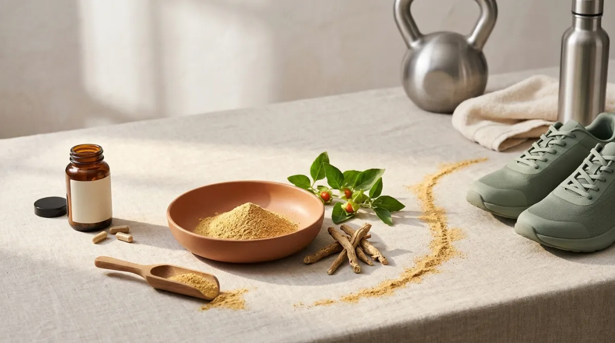 A wide, editorial-style still life shot from a slightly elevated angle on a pale oatmeal-colored linen surface in soft, diffused morning light. At the center, a shallow matte ceramic bowl in warm terracotta holds a small mound of fine, golden-tan ashwagandha root powder. Beside it lie a few gnarled, dried ashwagandha roots and a sprig of green leaves with tiny orange-red berries in their papery husks. To the left, a minimalist amber glass supplement bottle sits with a few capsules spilled beside it, label blank and clean. A wooden scoop rests on the surface, dusted with powder.

On the right side of the frame, a pair of sleek, muted sage-green running shoes sits slightly off-center. A folded cream towel and a stainless steel water bottle sit just behind them, with a single brushed-steel kettlebell partly out of focus in the background to hint at strength training without dominating the scene. The running shoes and the botanical elements share equal visual weight, suggesting the endurance theme.

A thin, curved line of scattered powder sweeps across the linen from the bowl toward the shoes, like a gentle path or track. Soft shadows fall to the left, and a warm sunbeam crosses the surface and picks out the texture of the powder and the roots.

The palette is restrained and modern: warm terracotta, sage green, cream, soft gold, and touches of charcoal. The background is a blurred pale plaster wall with a hint of a window shadow. Shallow depth of field, crisp focus on the bowl and roots, and generous negative space in the upper left for a headline. Contemporary wellness magazine aesthetic, calm, natural, tactile, high-end lifestyle photography, no text, no people, no futuristic elements.