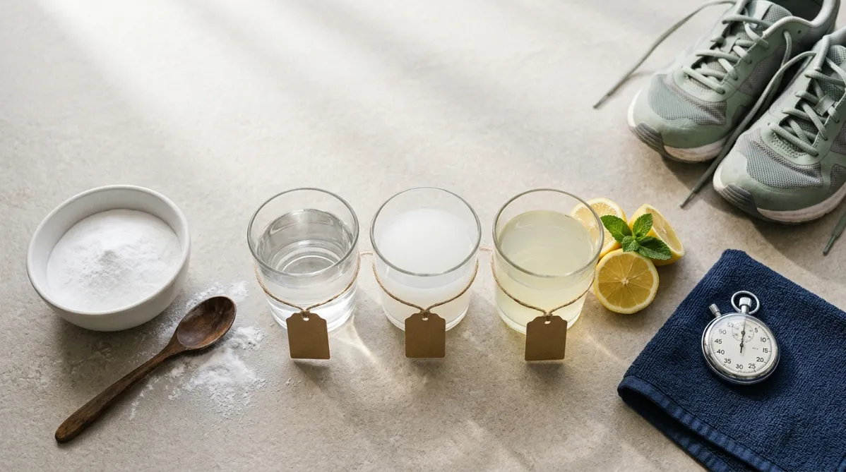 A wide, editorial-style flat lay photographed from above on a pale warm-gray stone countertop in soft morning window light. On the left, a simple white ceramic bowl holds fine white baking soda powder, with a vintage wooden spoon resting beside it and a light dusting of powder spilling across the surface. In the center, three identical clear glass tumblers sit in a neat row, each filled with a slightly different cloudy liquid: one almost clear, one milky white, one faintly yellow-tinged. Small kraft paper labels tied to the glasses with twine remain blank. To the right, a minimalist silver stopwatch lies on a folded navy athletic towel, its hands frozen mid-count. A few fresh lemon halves and a single sprig of mint add a bright, natural accent near the citrate glass. A pair of worn but clean women's running shoes sits partly in frame at the upper right corner, laces loose, hinting at an athlete without showing a person. Subtle long shadows fall diagonally across the scene, giving depth and a calm, modern feel. The color palette is muted and cohesive: chalky whites, soft sage green, warm sand, deep navy, and small pops of lemon yellow. Shallow depth of field gently blurs the edges, with crisp focus on the center glasses and stopwatch. Plenty of clean negative space across the top third leaves room for a headline overlay. The overall look is a trendy health and performance journal: clean, tactile, slightly grainy film-like texture, natural and understated, with no text, no logos, and no futuristic elements.