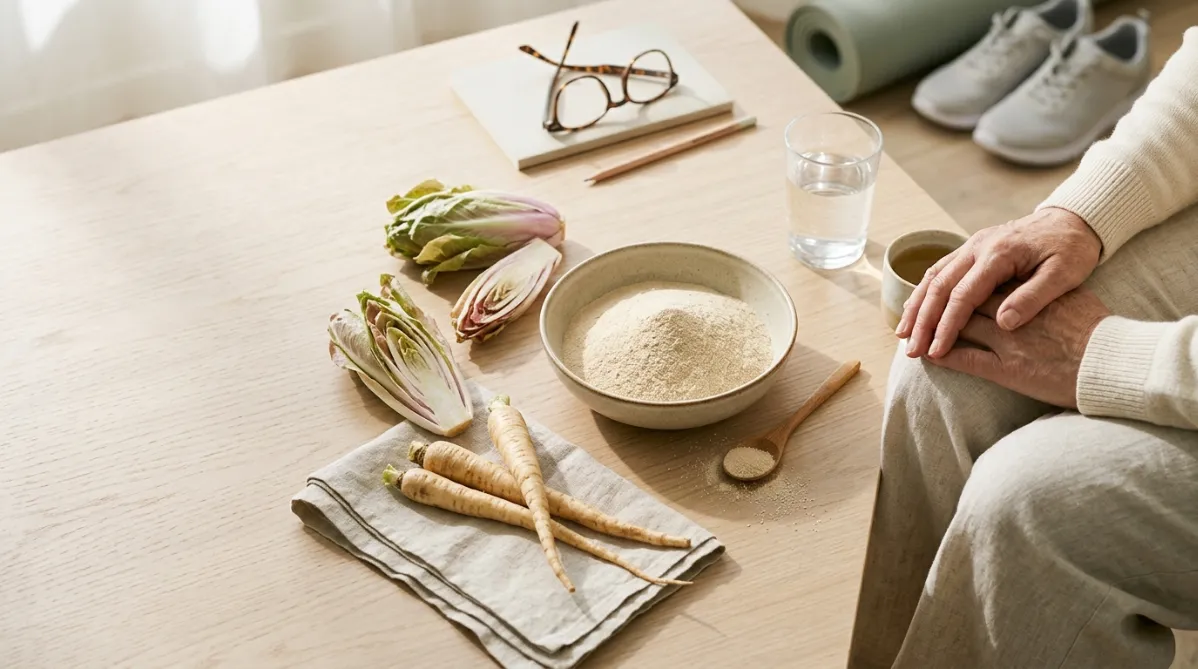 A bright, airy editorial still life photographed from slightly above on a pale oak table in soft morning window light. At the center sits a shallow ceramic bowl in matte oatmeal glaze filled with fine, creamy-beige inulin powder. A wooden spoon rests beside it, with a few fine grains scattered across the wood. Around the bowl, several fresh chicory roots with pale tan skin and delicate taper lie on a folded linen napkin. Next to them are a few crisp, leafy chicory heads in muted green and soft magenta tones, and a halved root that shows its pale, fibrous interior.

On the right side of the frame, a pair of older adult hands in a soft cream knit sleeve rest gently on a knee covered by relaxed linen trousers. A glass of water stands nearby, along with a small ceramic cup of herbal tea. A folded pair of simple tortoiseshell reading glasses and a minimalist notebook with a thin pencil sit in the background, hinting at a considered, research-minded atmosphere. A slim yoga mat edge and a pair of light-gray walking shoes appear softly out of focus in the far corner, suggesting gentle exercise and mobility without overwhelming the scene.

The color palette is calm and modern: warm creams, sage green, soft terracotta, and touches of dusty rose from the chicory leaves. Shadows are gentle and long, with natural light raking across the table and highlighting the textures of powder, linen, wood, and root. The depth of field is shallow, with the bowl and roots in crisp focus and the background melting into a creamy blur. The composition leaves generous negative space on the left third of the frame, suitable for headline overlay, and the overall feel is clean, wholesome, and contemporary, like a lifestyle-meets-science feature in a trendy online health journal. Fine film-like grain, true-to-life color, and a quiet, optimistic mood.