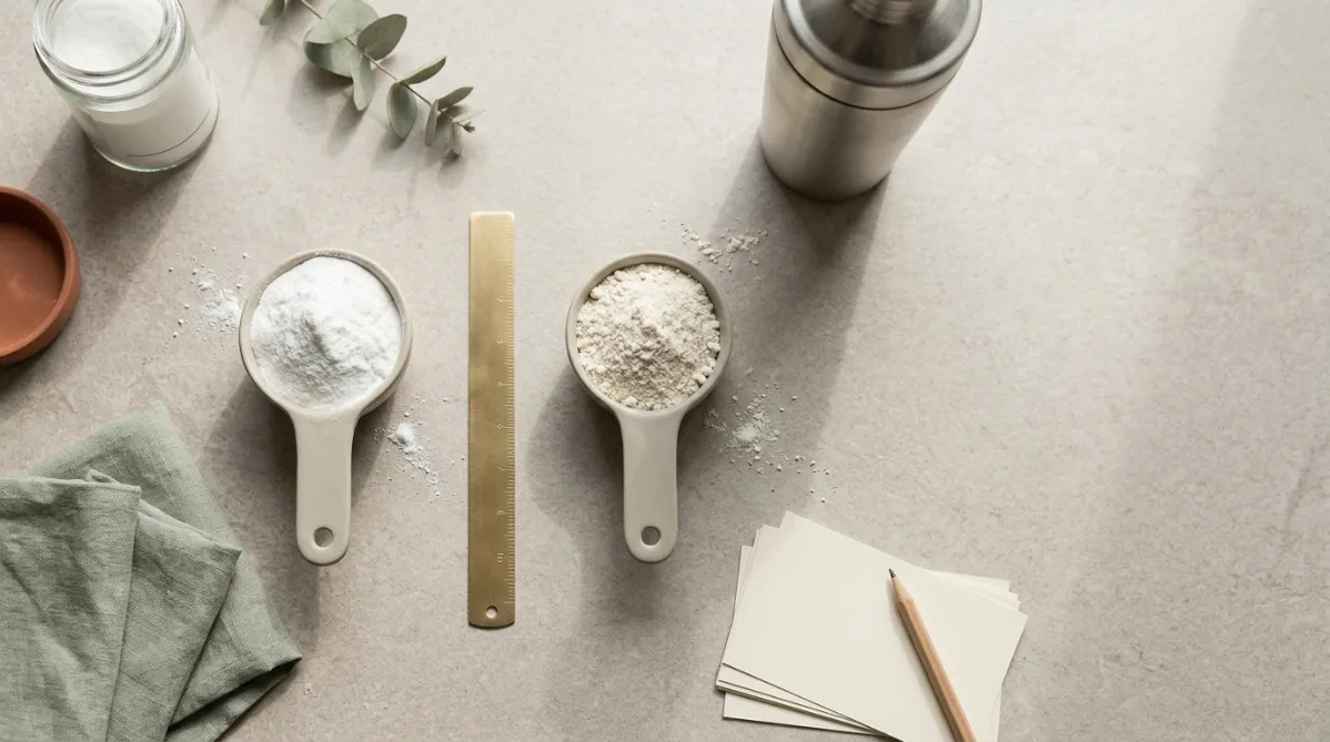 A bright, minimalist flat-lay photograph of two supplement scoops on a pale warm-gray stone surface, shot from directly above in soft natural window light. On the left, a matte ceramic scoop holds fine white creatine monohydrate powder, heaped in a clean mound. On the right, a second scoop of the same shape holds slightly coarser off-white beta-alanine powder, with a small, deliberate gap between the two. Each scoop sits in its own soft shadow, which suggests separation rather than combination. Between them, a thin brushed-brass ruler or a single slim line of fine powder runs across the surface and subtly divides the composition.

Around the scoops, a few restrained props in a muted editorial palette of sage green, cream, terracotta, and soft charcoal: a small glass jar with a minimalist label that has no readable text, a folded linen napkin, a single sprig of eucalyptus, and a stainless-steel shaker bottle softly out of focus in the upper corner. A few loose powder grains are scattered naturally across the stone. A small stack of blank cream index cards with a pencil rests in the lower right, hinting at research and note-taking without any legible writing.

The composition follows a clean rule-of-thirds layout, with generous negative space on the right third for headline overlay. The lighting is gentle and diffused, with long, soft shadows falling to the lower left. The color grading is calm and slightly desaturated, with creamy highlights and a subtle film-like grain. The overall look is a modern wellness and science journal cover, with an airy, trustworthy, contemporary editorial feel, shallow depth of field, and crisp detail on the powders.