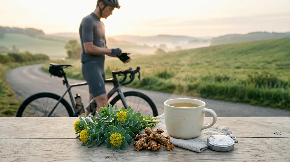 A landscape editorial photograph in soft natural morning light. In the foreground on a rustic light oak table, a small cluster of fresh Rhodiola rosea plants with thick succulent blue-green leaves and tiny golden-yellow flower clusters rests beside a few dried, knobby amber-brown rhizome pieces. A matte ceramic cup of pale golden herbal tea sits beside them, with a thin curl of steam and a small linen cloth. The plants and roots are sharp, with fine texture and dewy highlights.

In the softly blurred background, a lean cyclist in a fitted charcoal jersey stands beside a road bike on a quiet country lane at sunrise. Rolling green hills fade into pale mist behind them, and warm light rims the rider's shoulders. The cyclist tightens a glove, calm and focused, in a pre-ride moment of preparation. A water bottle is mounted on the bike frame, and a simple analog stopwatch with a brushed metal casing lies on the table near the herbs, hinting at timed effort.

The palette is muted and modern: sage green, warm cream, soft gold, and slate gray, with gentle peach tones from the sunrise. Shallow depth of field, a clean, airy composition with generous negative space on the right third for headline text, and subtle film grain. The mood is calm, health-conscious, and quietly athletic, like a premium wellness and sports science magazine cover. No text, no logos, no futuristic elements.