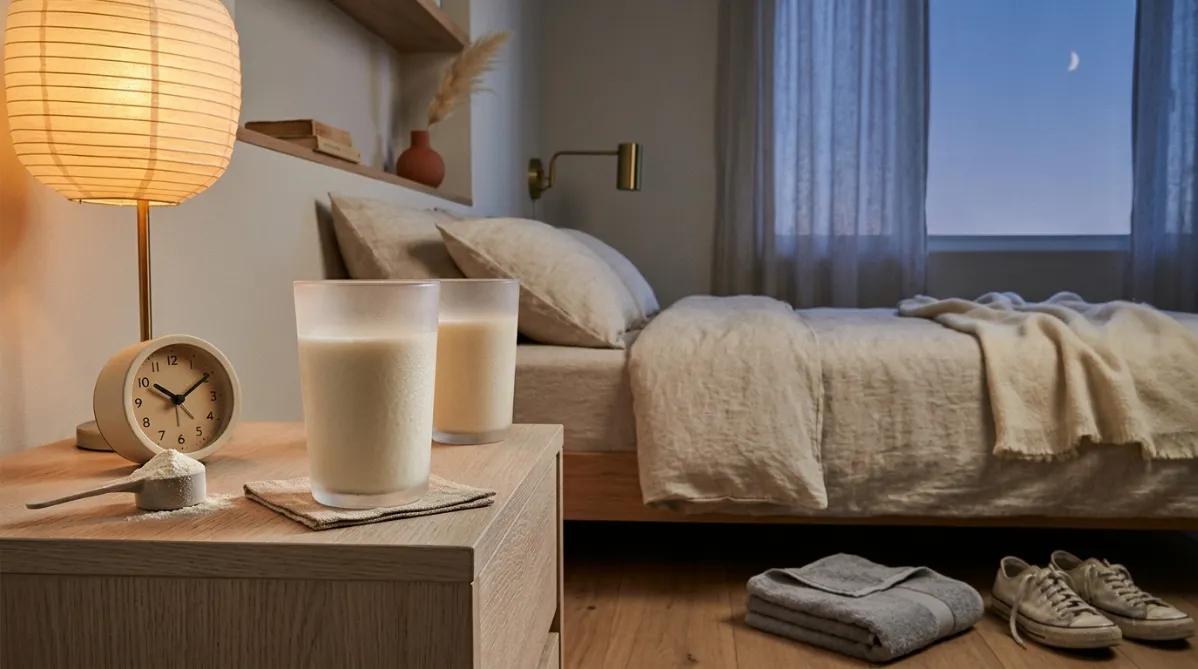 A serene, softly lit bedside scene in a modern minimalist bedroom, photographed in a warm editorial style. On a pale oak nightstand sit two matching frosted glass tumblers of creamy white protein shake, one slightly closer to the camera in sharp focus, the other gently blurred behind it. Beside them rests a small analog alarm clock with a matte cream face, its hands showing a late-evening hour, and a single ceramic scoop dusted with fine white powder on a linen coaster. A folded gray gym towel and a pair of worn sneakers are tucked at the edge of the frame, hinting at an earlier workout.

In the background, a neatly made bed with textured oatmeal linen bedding and a rumpled cream throw blanket glows under the amber light of a small paper-shade lamp. A sheer curtain filters deep indigo twilight from a window, with a faint crescent moon visible. The palette is muted and calming: warm cream, soft sand, dusty blue, and touches of terracotta from a small clay vase holding a dried pampas stem.

Shallow depth of field, gentle film-like grain, soft window light mixing with the warm lamp glow, long soft shadows across the wood grain. Composition follows the rule of thirds with the glasses on the left third and open negative space on the right, suitable for headline overlay. The mood is quiet, thoughtful, and contemporary, like a lifestyle and science feature in a trendy wellness journal. Clean, natural, tactile, with no text, no people, and no futuristic elements.