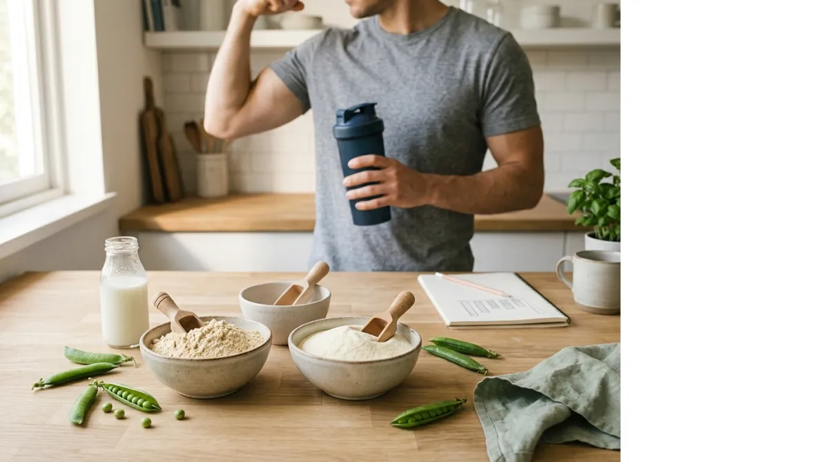 A bright, airy, minimalist kitchen counter in soft morning light, shot from a slightly elevated three-quarter angle in a wide landscape composition. Two matching ceramic bowls sit side by side on a pale oak butcher-block surface. The left bowl holds fine, creamy-beige pea protein powder with a small wooden scoop resting in it. The right bowl holds smooth, ivory-white whey powder with an identical scoop. Between and slightly behind them sits a third, smaller empty bowl with a plain scoop, hinting at the placebo. Scattered around the bowls are fresh green pea pods, some split open to reveal bright, round peas, and a small glass bottle of milk with delicate condensation. A sage-green linen napkin is folded loosely at the edge of the frame.

In the soft-focus background, a young man in a fitted heather-gray t-shirt is seen from the shoulders down, casually flexing one arm while holding a matte shaker bottle, the biceps subtly defined and the pose relaxed and natural. A minimalist notebook with a pencil and a simple hand-drawn bar chart lies open on the counter, suggesting analysis without legible text. A small potted herb plant and a ceramic mug add warmth.

The color palette is muted and editorial: warm cream, sage green, soft terracotta, pale wood, and touches of charcoal. Light streams in from a window on the left, casting gentle long shadows and a subtle golden glow across the powders so their textures look fine and tactile. Shallow depth of field keeps the bowls crisp while the background melts into a creamy blur. The look is modern lifestyle-magazine photography, clean and uncluttered, with generous negative space on the right third of the frame for headline overlay. It is natural, appetizing, and trustworthy, in the style of a contemporary wellness and nutrition journal.
