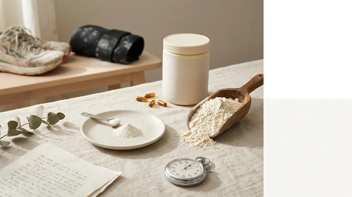 A wide, softly lit editorial still life on a pale oatmeal-colored linen surface, shot from a slightly elevated three-quarter angle. In the center-left, a small matte ceramic dish holds a tiny pile of fine white powder, with a single minuscule measuring spoon resting beside it. To the right, a much larger wooden scoop is heaped high with the same pale powder, spilling gently onto the linen, creating a striking visual contrast of tiny versus large quantity. Behind them, a cream-colored supplement tub with a blank, minimalist label sits slightly out of focus, along with a few amber glass capsules scattered casually.

In the soft-focus background, a runner's well-worn sneaker and a chalk-dusted, wrapped knee sleeve rest on a light ash-wood bench, hinting at gym and road without showing a person. A thin brushed-steel stopwatch lies in the foreground, its hands paused, subtly suggesting timing and endurance. A sprig of dried eucalyptus and a folded sheet of paper with out-of-focus handwritten notes add a quiet, editorial research feel.

Natural morning light streams in from the left through a sheer curtain, casting long, gentle shadows and a warm, creamy glow. The palette is restrained and modern: warm ivory, sand, soft sage green, muted terracotta, and touches of brushed silver. Shallow depth of field with crisp detail on the powders and stopwatch, creamy bokeh in the background. The composition leaves open negative space on the right third for headline text. The overall mood is calm, trustworthy, and contemporary, like a premium health and wellness journal cover, with fine film-like grain and clean, minimalist styling.