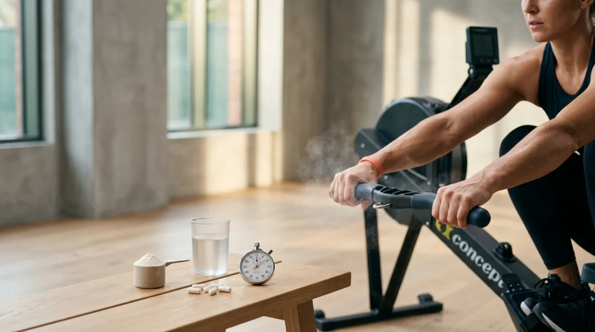 A wide, minimalist editorial scene of an athlete's hands and forearms gripping the handles of a rowing ergometer, shot in soft natural light from a large window in a clean, airy training studio. The athlete is mid-pull, forearm muscles subtly defined, a light sheen of sweat on the skin, chalk dust floating in the air. In the foreground on a pale oak bench sits a small ceramic scoop of fine white powder beside a matte glass of water, with a few loose white capsules arranged neatly in a gentle curve. A minimalist analog stopwatch with a clean white face lies next to them, its hand paused near the two-minute mark.

The color palette is calm and modern: warm off-white, soft sand, muted sage green, and a single accent of coral orange in the stopwatch hand and the rower's wristband. The background is softly blurred concrete and pale wood with long, gentle shadows stretching across the floor. Shallow depth of field keeps the hands, powder, and stopwatch crisp while the rest dissolves into creamy bokeh.

Composition follows the rule of thirds: the rowing handles and hands occupy the right third, the bench still life sits in the lower left, and open negative space in the upper left leaves room for a title overlay. The mood is focused, quiet, and intentional, like a high-end health and science journal feature. Fine film grain, subtle matte finish, editorial photography style, natural color grading, and no text or logos.