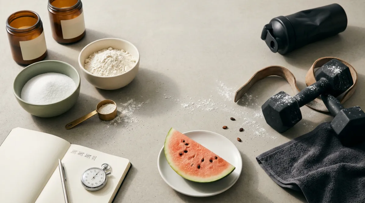 A wide, editorial-style flat lay photographed from above on a pale warm-gray concrete surface, lit by soft natural window light with gentle long shadows. On the left, two matte ceramic bowls in muted sage green and cream sit side by side. One holds fine white crystalline powder, the other holds slightly coarser off-white powder. Between them, a small brass measuring scoop rests on the surface, dusted with powder. Behind the bowls, two simple amber glass jars with minimal cream labels and no legible text stand slightly out of focus.

On the right side, a pair of chalk-dusted black hex dumbbells and a worn leather lifting strap curve across the frame. A folded charcoal gym towel sits beneath them. A rumpled matte-black shaker bottle lies on its side near the top edge. A slice of watermelon, the natural source of citrulline, sits on a small white ceramic plate in the lower center. Its vivid coral-pink flesh and dark seeds add a saturated pop of color against the neutral palette. A few loose watermelon seeds and a scattering of white powder dust trail across the surface toward the dumbbells, tying the composition together.

In the lower left corner, an open notebook with blank cream pages holds a slim silver pen and a minimalist analog stopwatch. A thin line of hand-drawn tally marks suggests counted reps, with no readable words or numbers.

The palette is restrained and contemporary: warm grays, sage, cream, charcoal, and amber, with the watermelon's coral-pink as the single bright accent. The mood is calm, clean, and precise, like a modern wellness or science-journal feature. Shallow depth of field keeps the powder bowls and watermelon crisp while the background items soften slightly. Generous negative space across the upper center leaves room for a headline overlay. The photograph looks high-end and tactile, with a subtle film-grain finish.