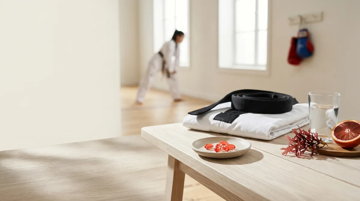 A wide editorial still life shot from a slightly elevated angle on a pale ash-wood bench in a bright, airy training hall. In the center sits a small matte ceramic dish holding a few translucent coral-red softgel capsules, their glossy surfaces catching soft window light. Beside the dish rests a folded white taekwondo dobok with a black belt loosely coiled on top. A sprig of fresh red microalgae-toned seaweed and a halved blood orange add natural color accents. A clean glass of water with subtle condensation stands to one side.

In the softly blurred background, the silhouette of a martial artist in a white uniform stretches near tall windows, with diffused morning light streaming across a sprung wooden floor. A pair of red and blue sparring gloves hangs on a minimal wall hook. Thin, elegant shadows stretch across the bench.

The palette is restrained and modern: warm off-white, soft sand, muted charcoal, with a vivid coral-red accent pulled from the capsules. Shallow depth of field, crisp focus on the capsules and dish, creamy bokeh behind. Natural, gentle lighting with a subtle film-like grain, reminiscent of a contemporary wellness and science magazine cover. Generous negative space on the left third of the frame for headline text. Calm, precise, and quietly athletic in mood, with no text, logos, or futuristic elements.