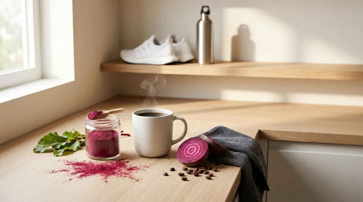 A sunlit, minimalist kitchen counter in a modern home, photographed from a slightly elevated three-quarter angle with soft natural morning light spilling in from a window on the left. In the center sits a matte white ceramic mug of black coffee with a thin curl of steam, beside a small glass jar of deep magenta beetroot powder with a wooden scoop resting on the lid. A scattering of fine crimson powder dusts the pale oak surface in an artful, casual swirl. Nearby, a halved raw beetroot reveals vivid concentric rings of purple and pink, next to a few roasted coffee beans and a neatly folded charcoal gym towel. In the soft-focus background, a pair of clean white running shoes and a stainless steel water bottle sit on a floating shelf, hinting at a pre-workout routine. A single sprig of green beet leaves adds a fresh accent.

The color palette is warm and editorial: creamy neutrals, espresso browns, and rich beet magenta, with gentle highlights and long soft shadows. The composition has generous negative space on the right side for headline text, shallow depth of field, and a crisp, tactile texture on the ceramic, powder, and wood grain. The mood is calm, health-conscious, and contemporary, like a lifestyle feature in a premium wellness magazine or a trendy nutrition journal. Clean, balanced, natural, with subtle film-like grain and a slightly muted, high-end finish.