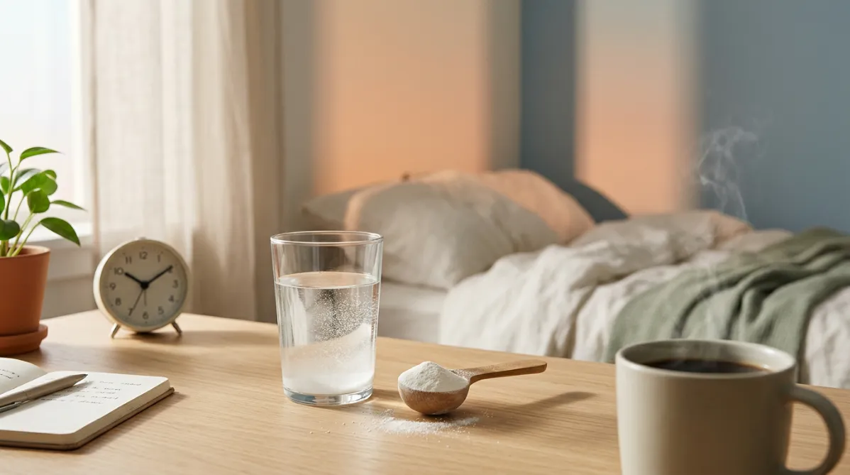 A wide, softly lit morning scene on a pale oak desk beside a window, shot from a slightly elevated three-quarter angle. In the foreground, a clear glass of water is half-filled with dissolved white creatine powder, tiny suspended particles catching the light. A wooden scoop heaped with fine white powder rests beside it, with a few grains scattered across the wood. A matte ceramic mug of black coffee sits slightly out of focus to the right, with a thin curl of steam. Behind them, a rumpled linen-white bed with a muted sage-green throw blanket suggests a sleepless night. Early dawn light spills through sheer curtains and creates long, gentle shadows and a warm peach-and-pale-blue gradient on the wall. On the desk, a minimalist analog alarm clock reads close to 6 a.m., and a small open notebook with a pen lies beside it, its handwriting blurred. A single green plant in a terracotta pot adds a fresh organic touch at the left edge. The color palette is calm and editorial: cream, soft sage, warm oak, dusty peach and muted slate blue. The depth of field is shallow, with crisp focus on the glass and scoop and a creamy bokeh background. The mood is quiet, restorative and contemplative, like a modern wellness magazine or a trendy health journal cover. The composition leaves open negative space in the upper left for title overlay. The image has a natural film-like texture, soft contrast and a clean, minimalist, lifestyle-photography look, with no text, logos or futuristic elements.