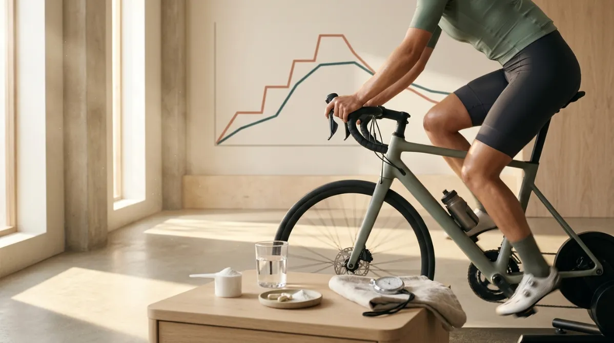 A wide, editorial-style photograph of a lone cyclist's legs and torso mid-sprint on a stationary indoor bike in a bright, minimalist performance studio. The scene is shot from a low three-quarter angle with shallow depth of field. The cyclist wears matte charcoal shorts and a fitted sage-green top, with a subtle sheen of sweat catching soft window light. Their hands grip the handlebars and the pedals are caught in a slight motion blur, which conveys explosive effort.

In the foreground, slightly out of focus on a pale oak side table, sit a small matte white scoop and a clear glass of water. Next to them is a little ceramic dish holding a few off-white capsules and a pinch of fine white powder. A folded linen towel and a slim stopwatch rest nearby. The stopwatch face is softly legible, hinting at timed sprint intervals.

The background is warm cream concrete and pale wood, with tall windows casting long diagonal shafts of golden morning light across the floor. Faint dust motes drift in the light. On the wall behind, a clean, abstract line graph is painted in muted terracotta and deep teal. It shows one line rising in steps like five sprint bouts and another line gently falling, a subtle visual nod to power up and lactate down. The graph is minimal and stylized, with no readable numbers or text.

The color palette is earthy and modern: sage green, terracotta, warm cream, soft charcoal, and touches of natural wood. The lighting is soft and directional with gentle highlights and natural shadows. The overall look is calm, refined, and contemporary, like a premium wellness and sports science magazine cover. The composition follows the rule of thirds, with the cyclist on the right and open negative space on the left for a headline. The image is crisp, grainy in a subtle film-like way, and free of any futuristic or sci-fi elements.
