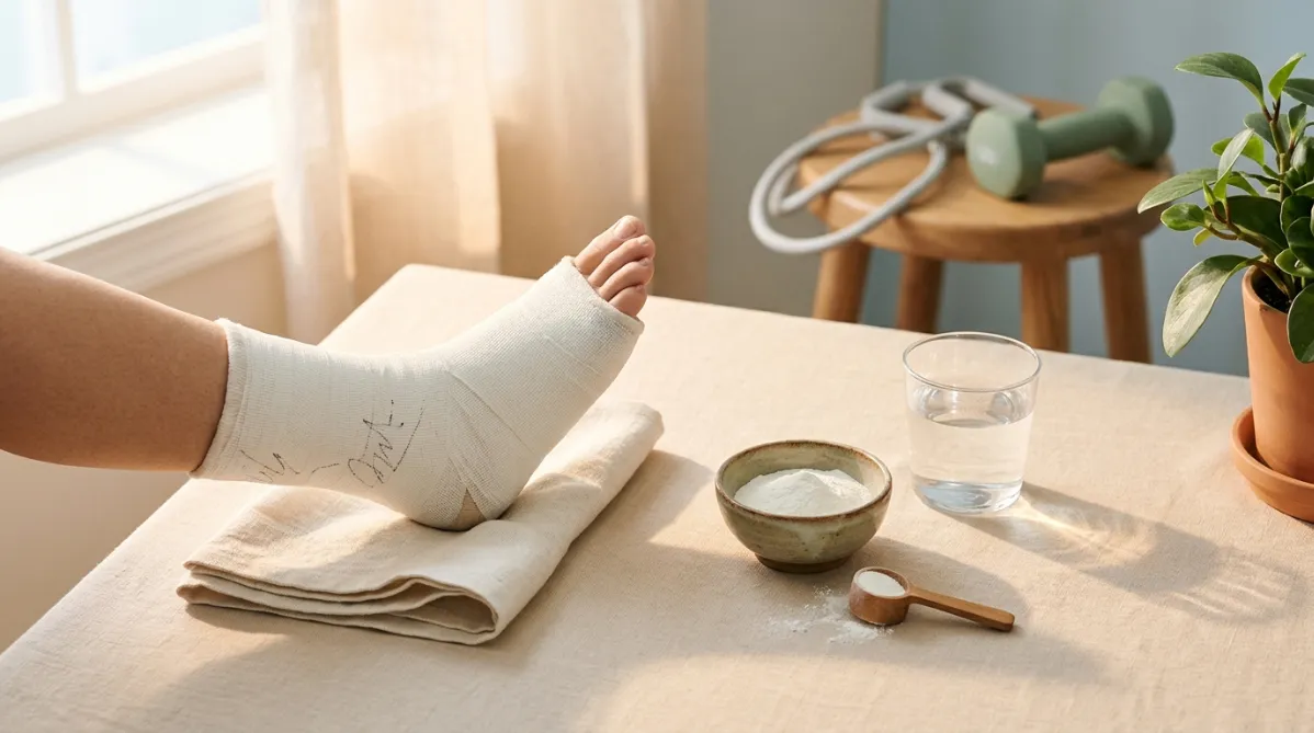 A wide, softly lit editorial still life on a warm, pale oat-colored surface. At the left, a lower leg and foot rest on a folded cream linen towel, wrapped in a matte white fiberglass cast with a subtle texture and a few faint pen scribbles near the ankle. The skin tone is natural and the lighting is gentle. At the center-right, a small ceramic bowl holds fine white creatine powder, with a matte wooden scoop resting beside it and a dusting of powder on the surface. Next to the bowl is a clear glass of water with light refracting through it, casting soft caustic ripples on the table. This hints at the water-retention idea without being literal.

In the background on the right, slightly out of focus, a pair of light grey resistance bands and a small sage-green dumbbell sit on a wooden stool, suggesting rehab. A tall, leafy plant in a terracotta pot adds organic greenery at the edge of the frame. Morning sunlight streams from a window on the left and creates long, soft shadows and a warm golden-peach glow. The palette is cream, sage green, terracotta, soft sky-blue shadows, and touches of natural wood. The composition has generous negative space in the upper left for a title overlay. Shallow depth of field, shot as if with an 85mm lens, with fine film grain. The look is clean, calm, modern wellness-magazine photography with a minimalist, tactile, trendy feel.