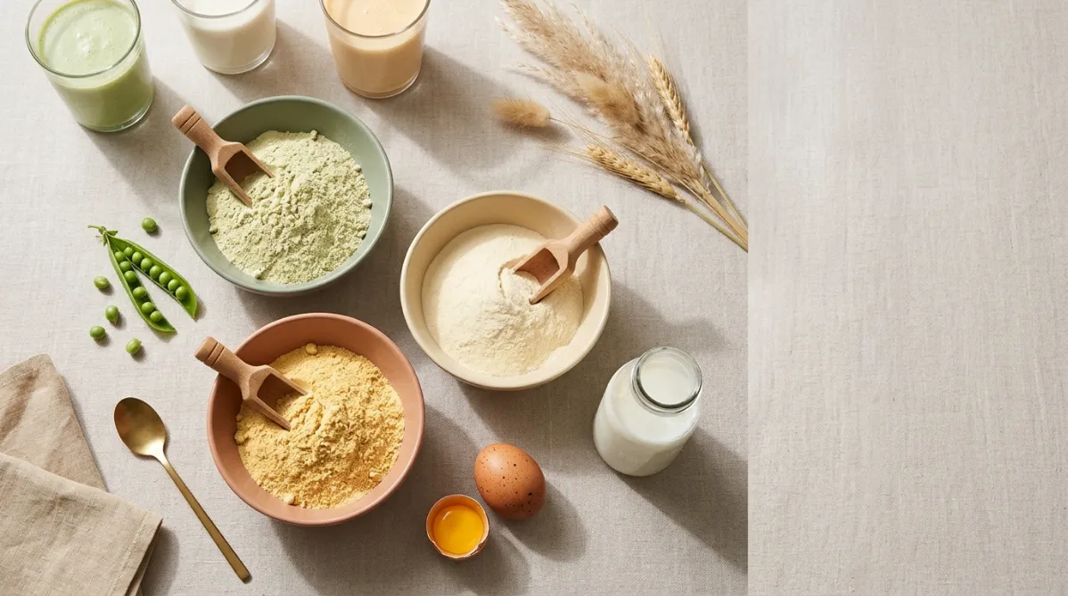A overhead flat-lay photograph in a modern editorial style, shot on a pale oatmeal-colored linen surface with soft, diffused natural window light coming from the upper left, casting gentle, elongated shadows. Three ceramic bowls in matte, muted tones sit in a loose, balanced triangle composition: one in dusty sage green holding fine pale-green pea protein powder, one in warm cream holding silky ivory whey powder, and one in soft terracotta holding golden-yellow egg protein powder. Each bowl has a small wooden scoop resting against its rim, with a few powder specks scattered naturally across the linen.

Around the bowls, subtle ingredient cues add storytelling without clutter: a handful of fresh green peas in their open pod beside the sage bowl, a small glass bottle of milk with a faint condensation sheen near the cream bowl, and two brown speckled eggs, one whole and one cracked open to reveal a bright yolk, near the terracotta bowl. A sprig of dried wheat or pampas grass enters the frame from the top right corner for texture and height.

Three glass tumblers of smoothie-like shakes in slightly different hues, soft green, creamy white, and pale apricot, stand along the upper edge of the frame, slightly out of focus, creating depth and a gentle rhythm. A thin brass spoon and a folded sand-colored napkin add a refined touch in the lower left.

The palette is warm and earthy: sage, cream, terracotta, butter yellow, and soft beige, with tiny accents of brass. Negative space is left on the right third of the composition for possible title overlay, keeping the layout airy and uncluttered. The overall mood is calm, thoughtful, and approachable, like a contemporary wellness magazine or minimalist food journal, with crisp focus on the bowls, shallow depth of field toward the edges, subtle film-like grain, and a clean, sophisticated, slightly matte finish.
