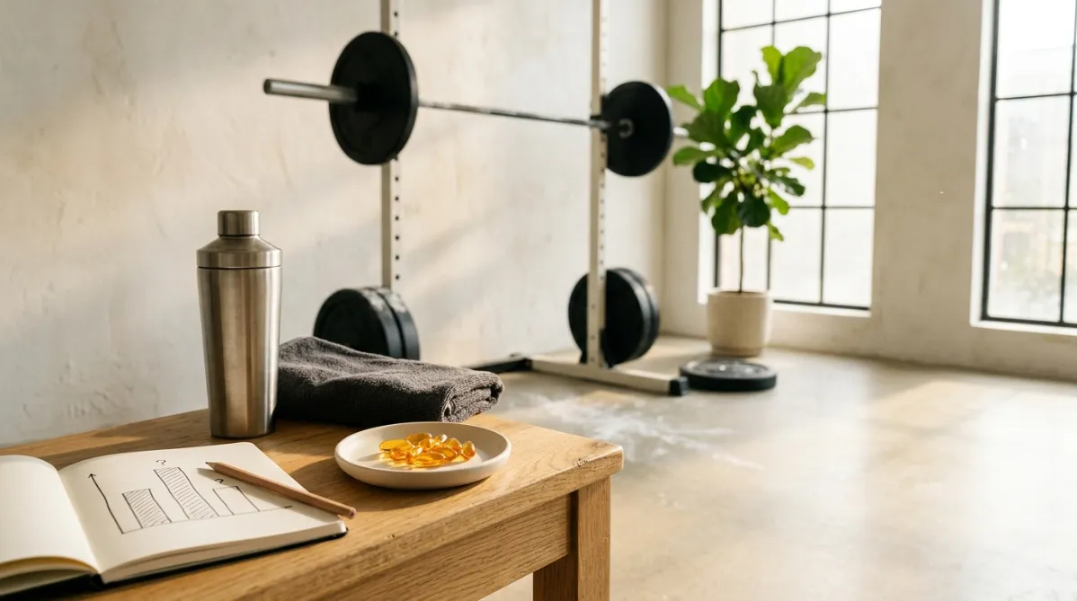 A wide landscape editorial photograph of a sunlit minimalist gym corner with warm, natural morning light streaming through tall windows. In the foreground on a light oak wooden bench sits a small matte ceramic dish holding a few translucent amber softgel capsules, next to a brushed steel shaker bottle and a folded charcoal gray towel. The capsules catch the light with a soft golden glow, shallow depth of field blurring them slightly against the background.

In the softly blurred midground, a barbell loaded with black plates rests on a squat rack, with chalk dust lightly floating in the sunbeams. The walls are textured off-white plaster, and the floor is pale polished concrete. A potted green plant adds a touch of organic color near the window.

Laid casually beside the dish is an open notebook with a clean, hand-drawn bar chart in black ink: two bars of slightly different heights, one marked with a small question mark, suggesting uncertainty and interpretation. A slim pencil rests across the page. No readable text beyond simple marks.

The color palette is muted and modern: cream, warm beige, soft amber, charcoal, and sage green accents. The composition follows the rule of thirds, with the capsules and notebook in the lower left third and open negative space toward the upper right, ideal for headline overlay. Soft shadows, subtle film grain, and a calm, contemplative mood reminiscent of a contemporary health and science magazine. Shot as if with a 50mm lens at f/2.0, high-end lifestyle editorial aesthetic, clean and trendy, with no futuristic or sci-fi elements.