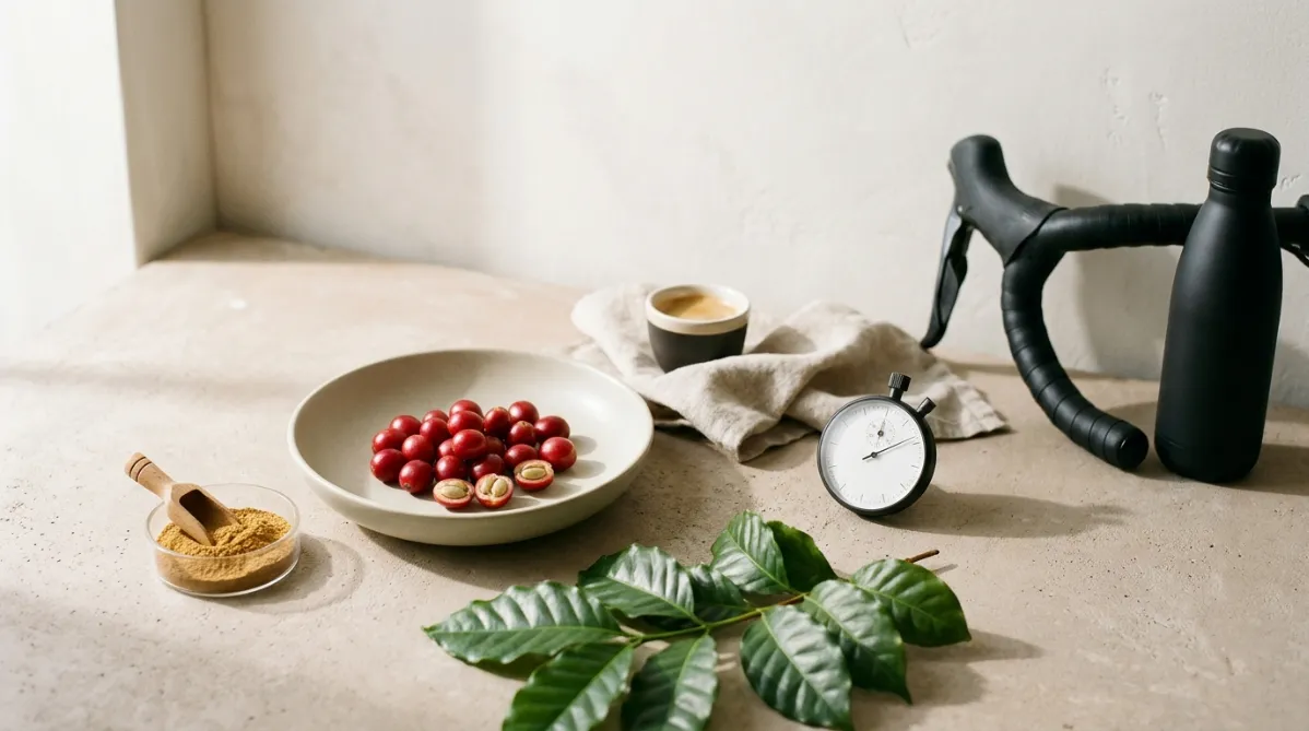 A wide editorial still life on a pale, warm-toned concrete surface in soft morning window light. In the center-left, a shallow matte ceramic bowl holds a small pile of bright red coffee cherries with glossy skins, a few sliced open to reveal pale mucilage and paired green-tan beans. Beside it, a small glass dish of fine, golden-brown powdered extract with a tiny wooden scoop resting on its edge. A sprig of coffee plant leaves, deep green and waxy, arcs across the foreground.

On the right side, slightly out of focus, a sleek road cyclist's handlebar and a matte black water bottle lean against a light plaster wall, suggesting athletic training without showing a person. A minimalist analog stopwatch with a clean white face and thin black hands sits in the mid-ground, angled toward the camera, its hands paused near the fifteen-minute mark. A folded linen cloth in oatmeal beige and a single small espresso cup with a thin crema ring add quiet texture.

The color palette is restrained and modern: cherry red, sage green, cream, soft terracotta, and charcoal accents. Light comes from the left, casting long, gentle shadows with a subtle warm glow and a hint of dust in the air. Shallow depth of field with crisp focus on the cherries and stopwatch, creamy bokeh in the background. Composition leaves open negative space in the upper right for a headline overlay. The overall feel is a clean, trendy health-and-science magazine cover: tactile, natural, minimal, and calm, shot in a 16:9 landscape frame with fine film-like grain and true-to-life tones.
